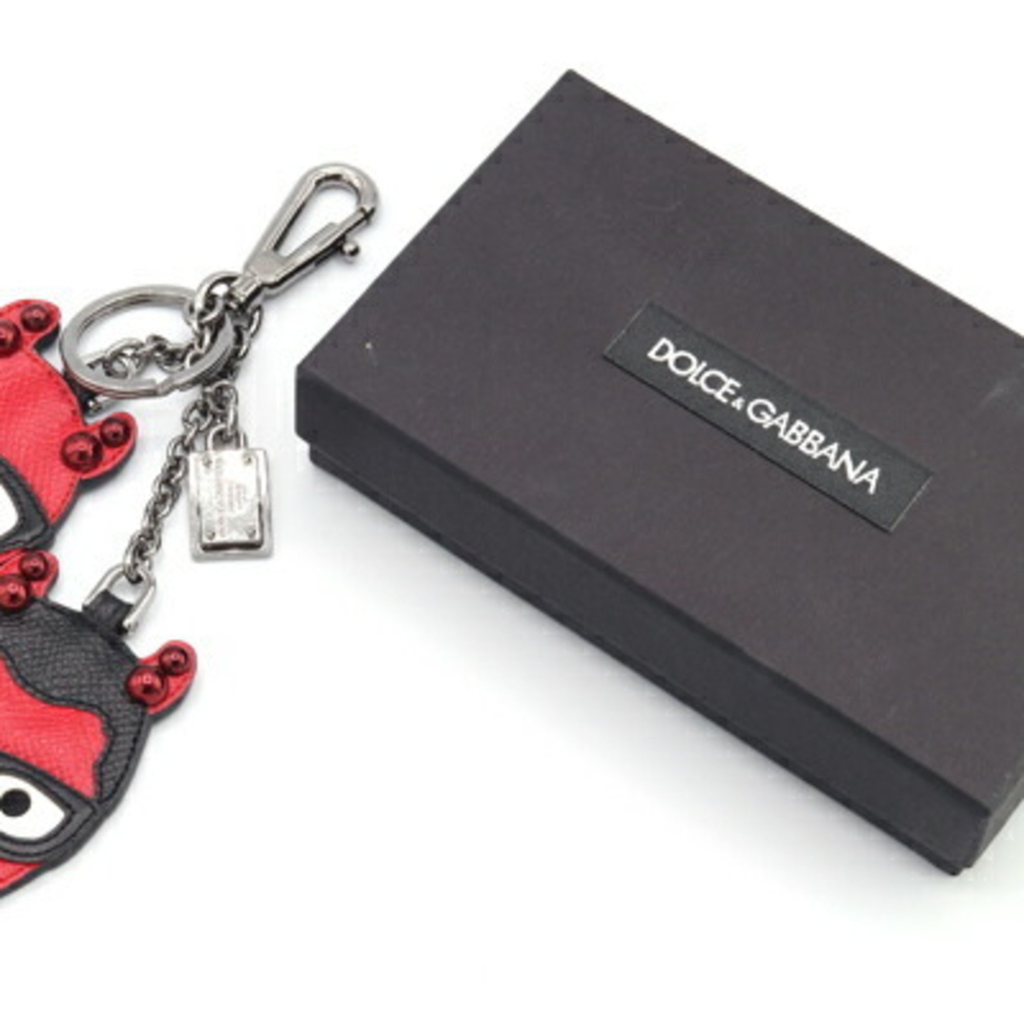 Dolce & Gabbana Keychain Red Black Leather Keyring Bag Charm Studs Devil Women's DOLCE GABBANA