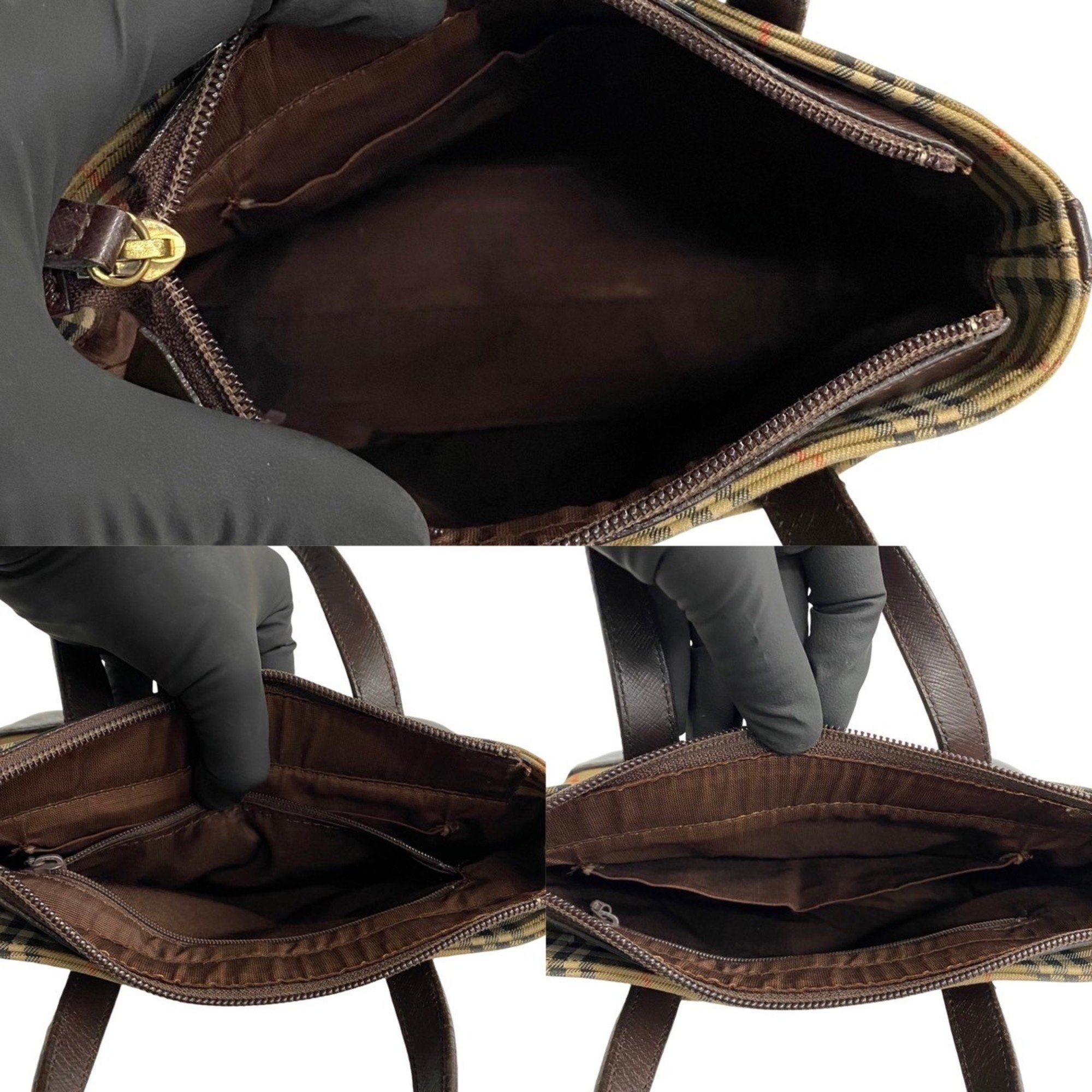 BURBERRY Nova Check Canvas Leather Handbag Tote Bag Brown 17750