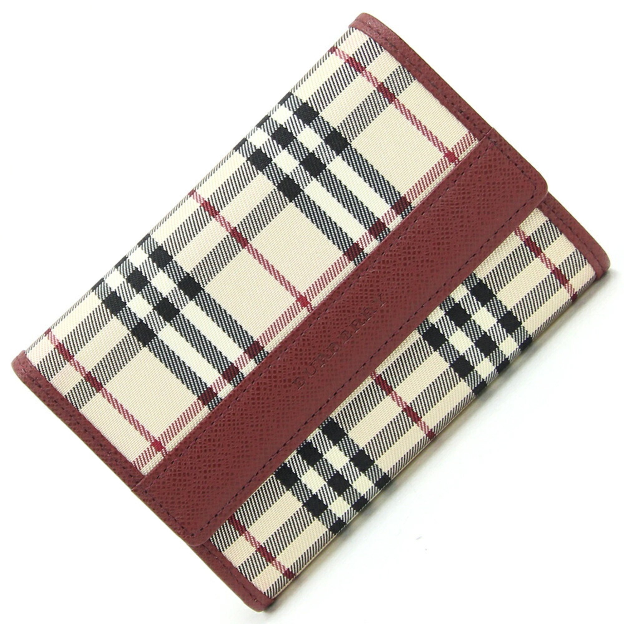 Burberry Tri-fold Wallet Beige Bordeaux Canvas Leather Compact Nova Check Women's BURBERRY