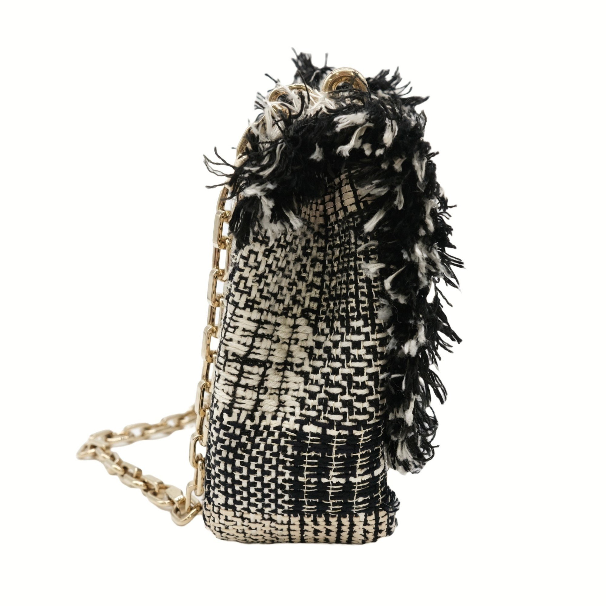 Christian Dior New Rock Tweed Chain Shoulder Bag Black White Beige