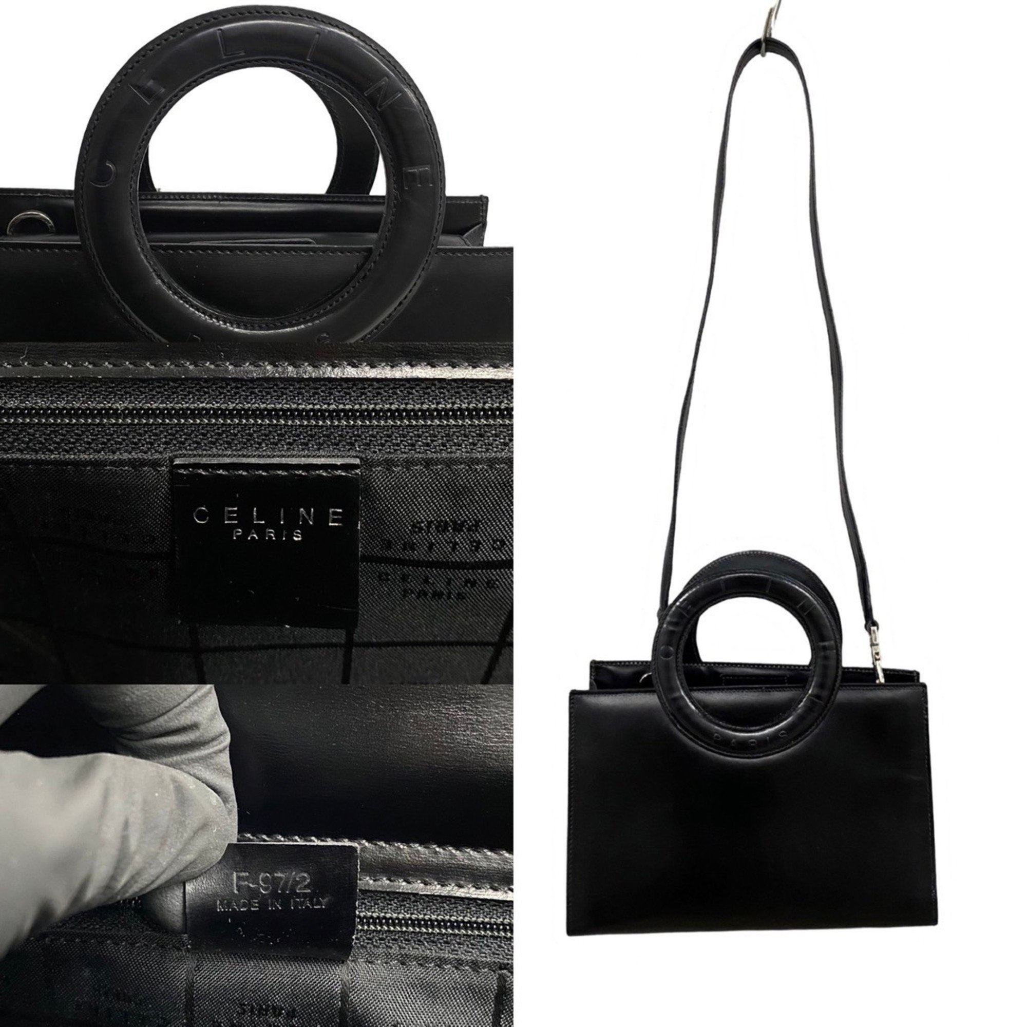 CELINE Circle Calf Leather 2way Handbag Shoulder Bag Black 23073