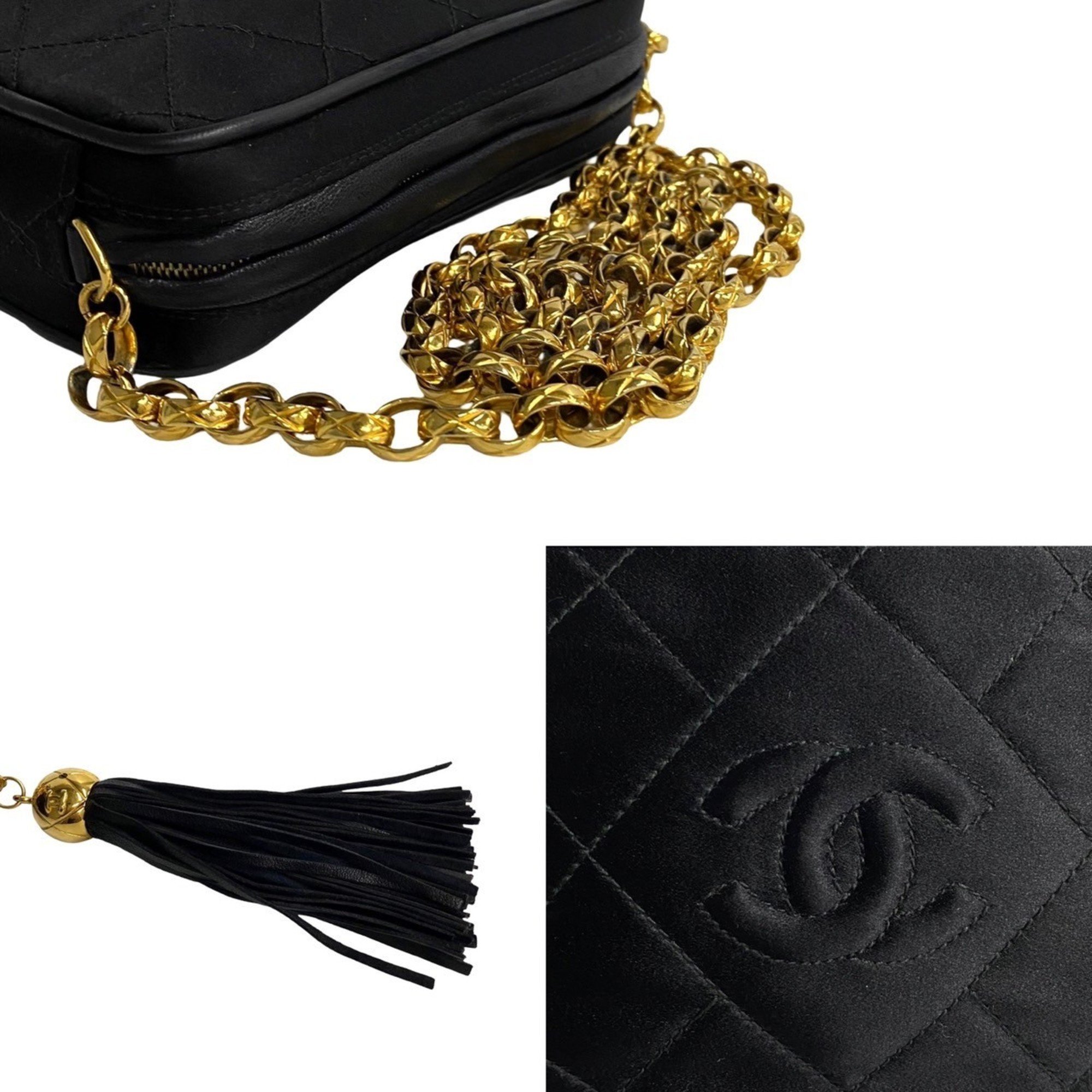 CHANEL Matelasse Satin Leather Chain Shoulder Bag Black 13017