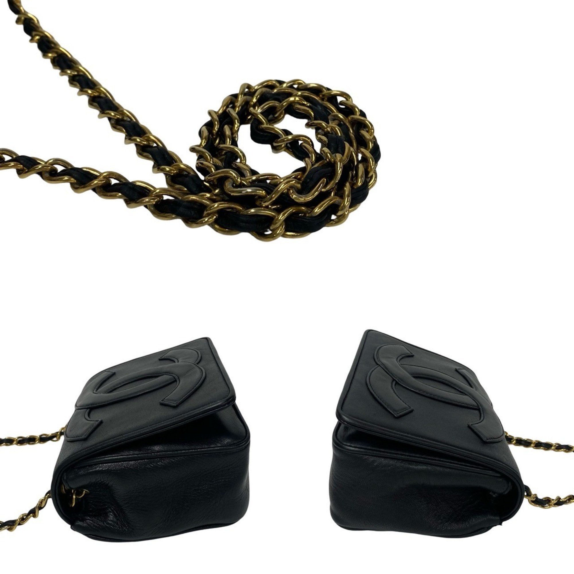 CHANEL Decacoco 18cm Leather Chain Shoulder Bag Pochette Black 85868