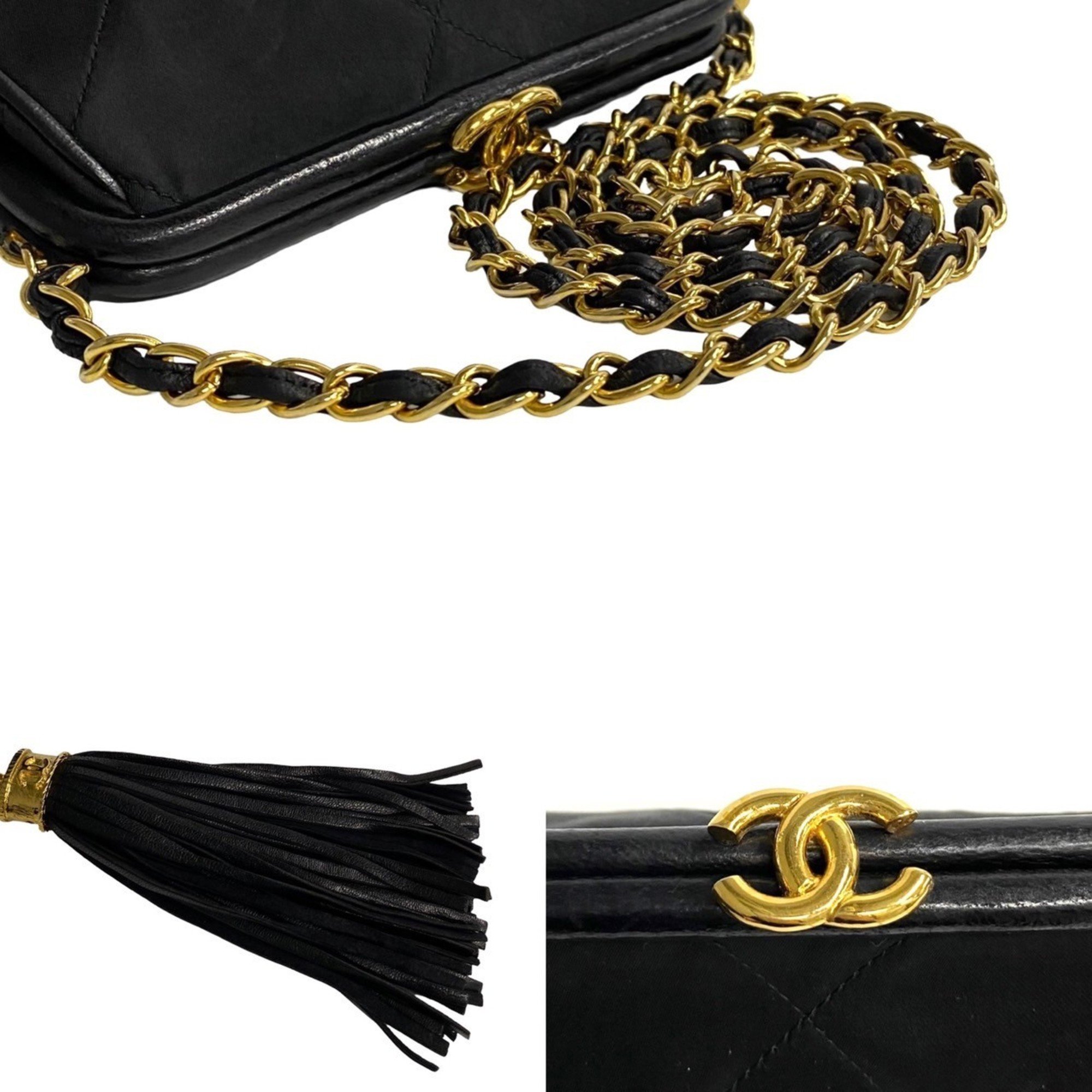 CHANEL Matelasse Satin Leather Tassel Chain Shoulder Bag Black 210-4