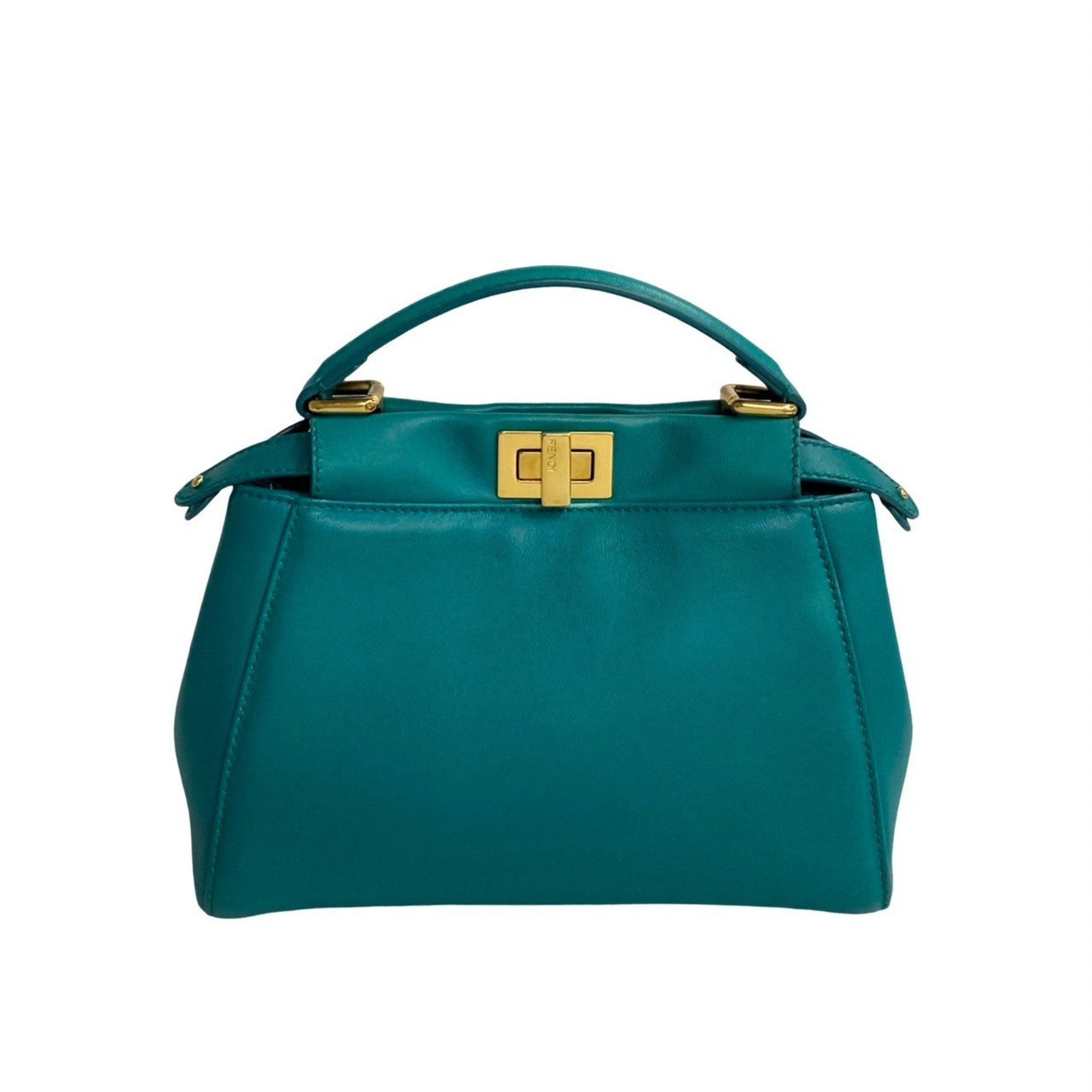 FENDI Peekaboo Leather Turnlock 2way Handbag Shoulder Bag Green 91673