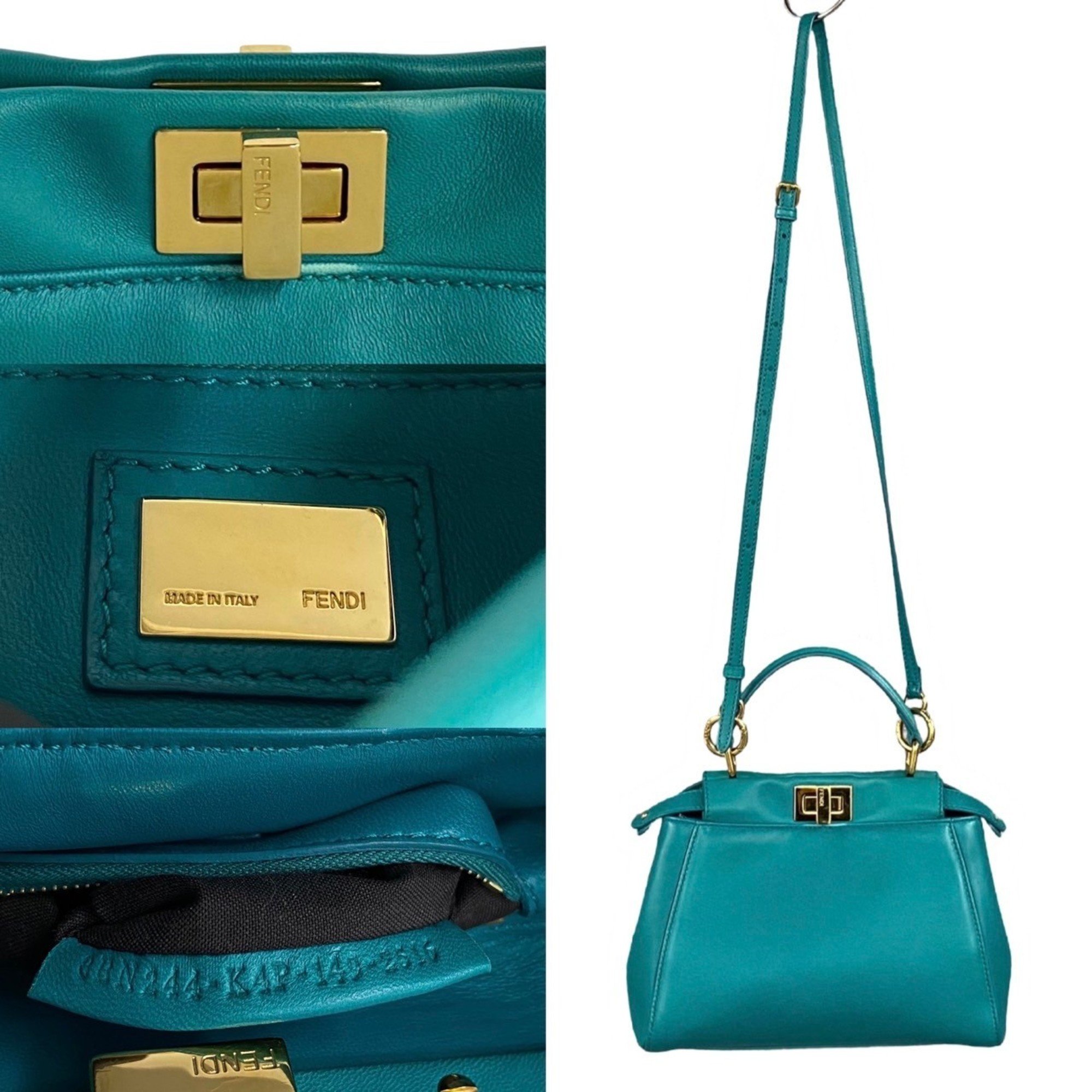 FENDI Peekaboo Leather Turnlock 2way Handbag Shoulder Bag Green 91673