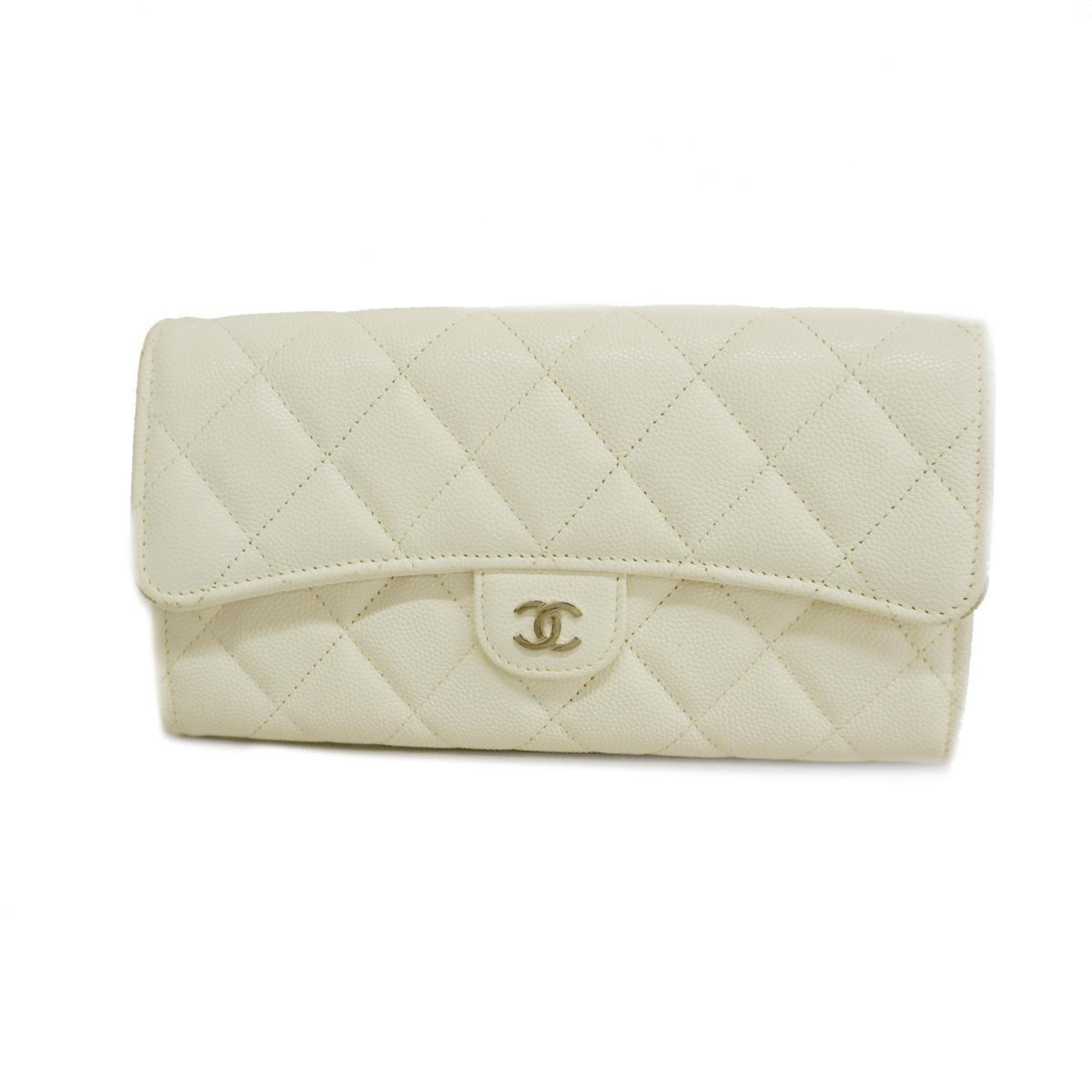 Chanel Long Wallet Matelasse Caviar Skin White Women's