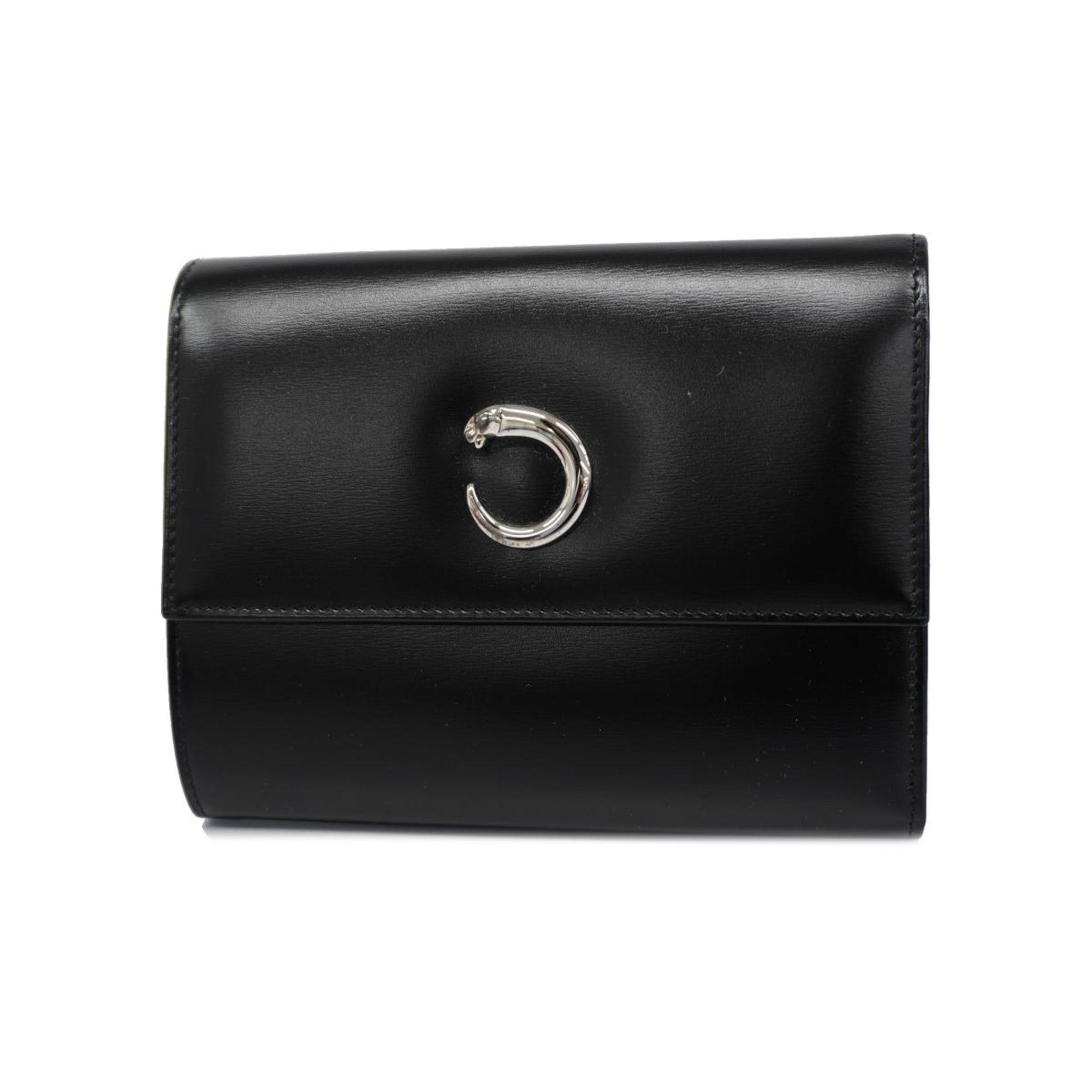 Cartier Tri-fold Wallet Panthere Leather Black Women's