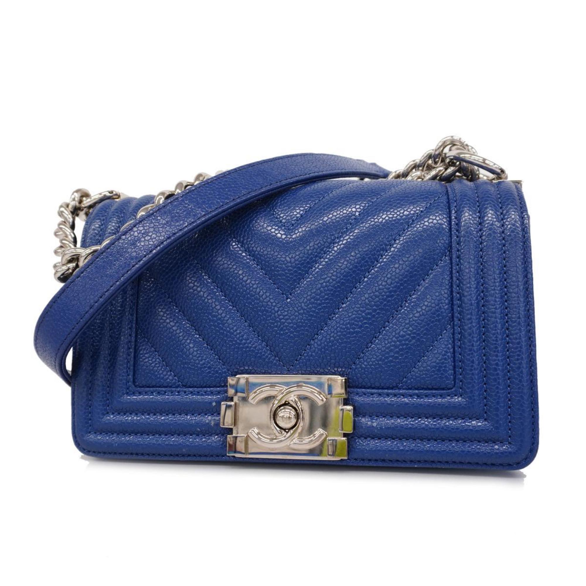 Chanel Shoulder Bag Boy Chain Caviar Skin Blue Women's