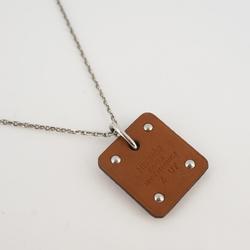 Hermes Necklace Z Engraved Asdukur Metal Material Leather Silver Brown Women's