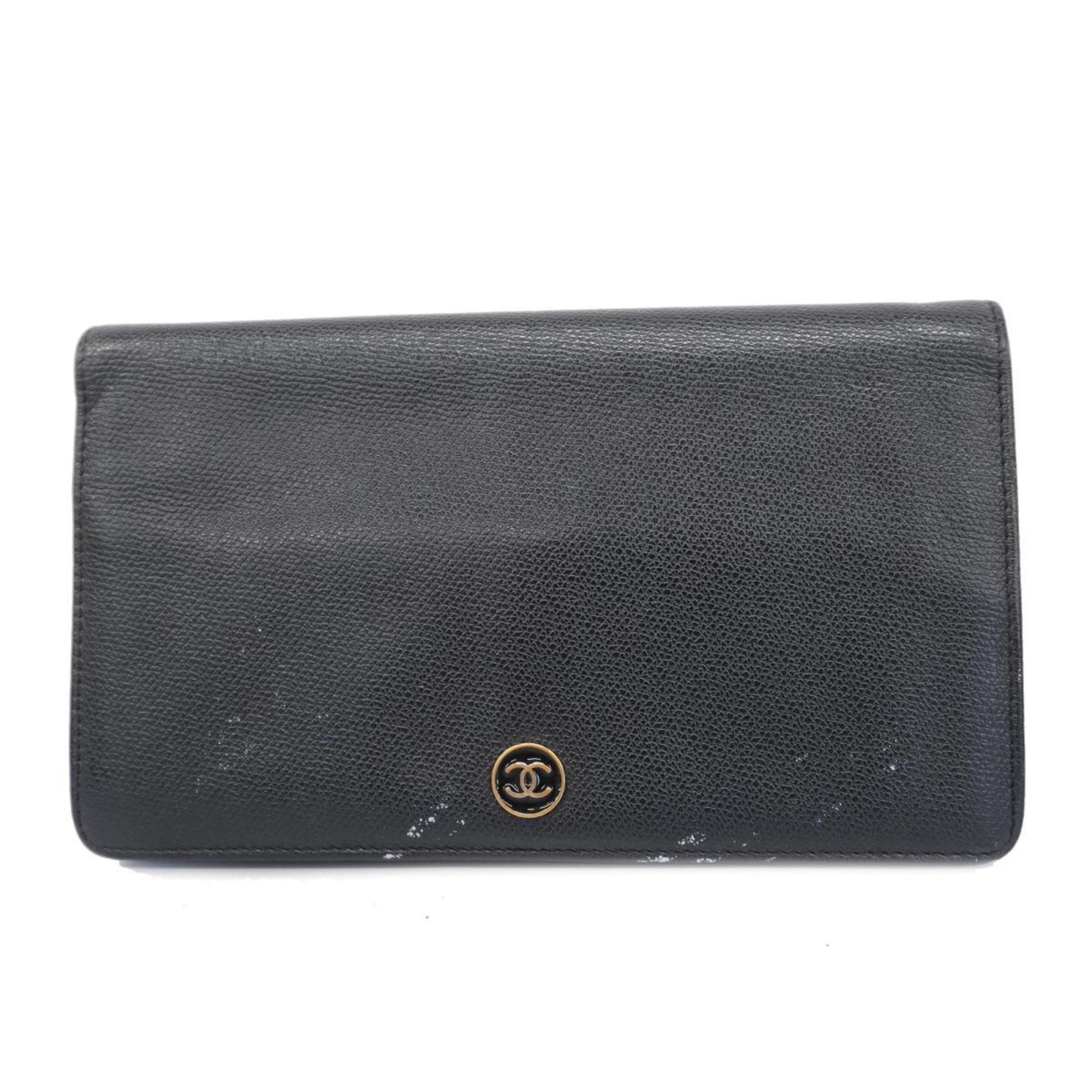 Chanel Long Wallet Coco Button Leather Black Women's
