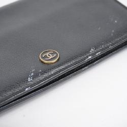 Chanel Long Wallet Coco Button Leather Black Women's