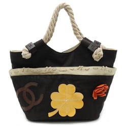 CHANEL Fishnet Rope Coco Mark Tote Bag Handbag Canvas Leather Wood Black Beige A21385
