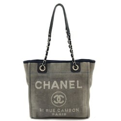 CHANEL Deauville Tote Bag, Chain Shoulder Canvas, Leather, Dusty Navy Blue, A66939