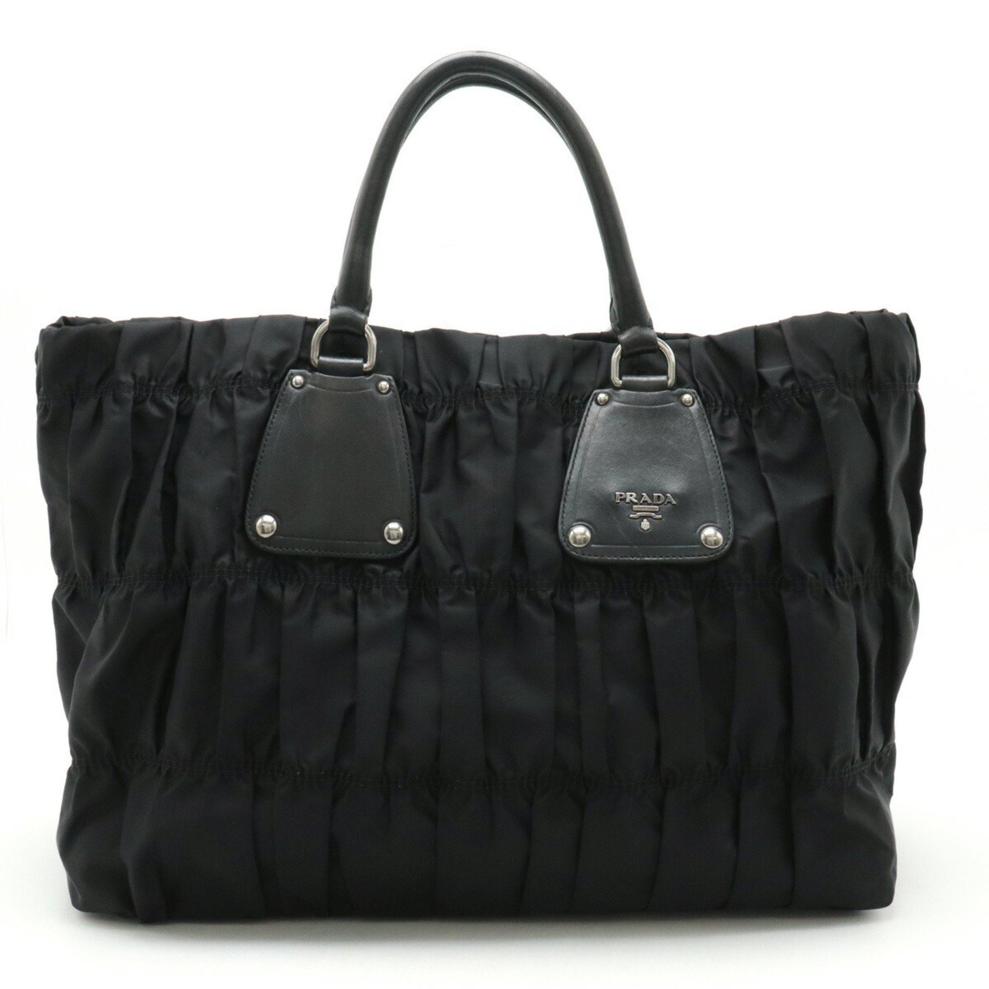 PRADA Prada Gathered Tote Bag Large Handbag Nylon Leather NERO Black BN1232