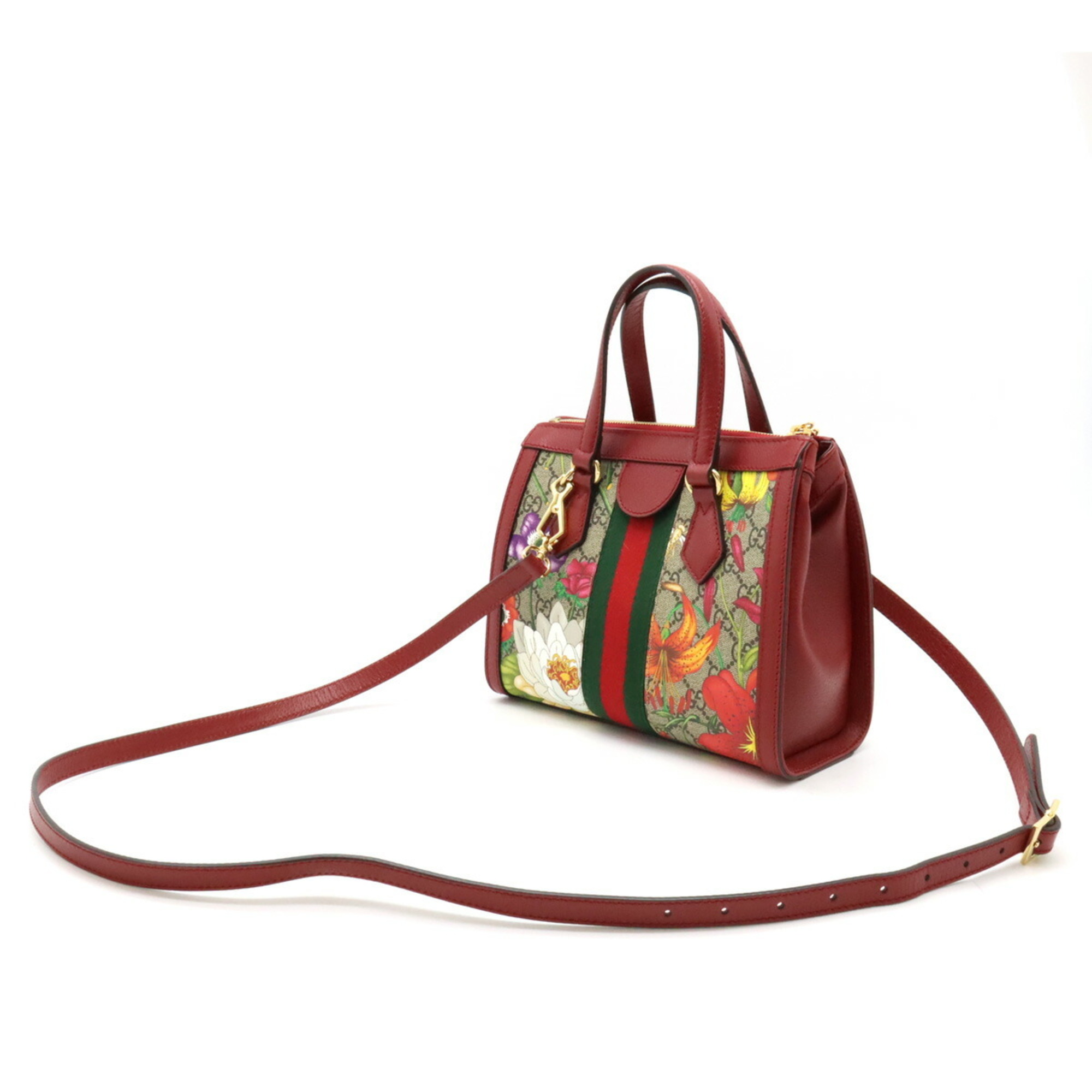 GUCCI Ophidia GG Flora Handbag Shoulder Bag PVC Leather Red Beige Multicolor 547551