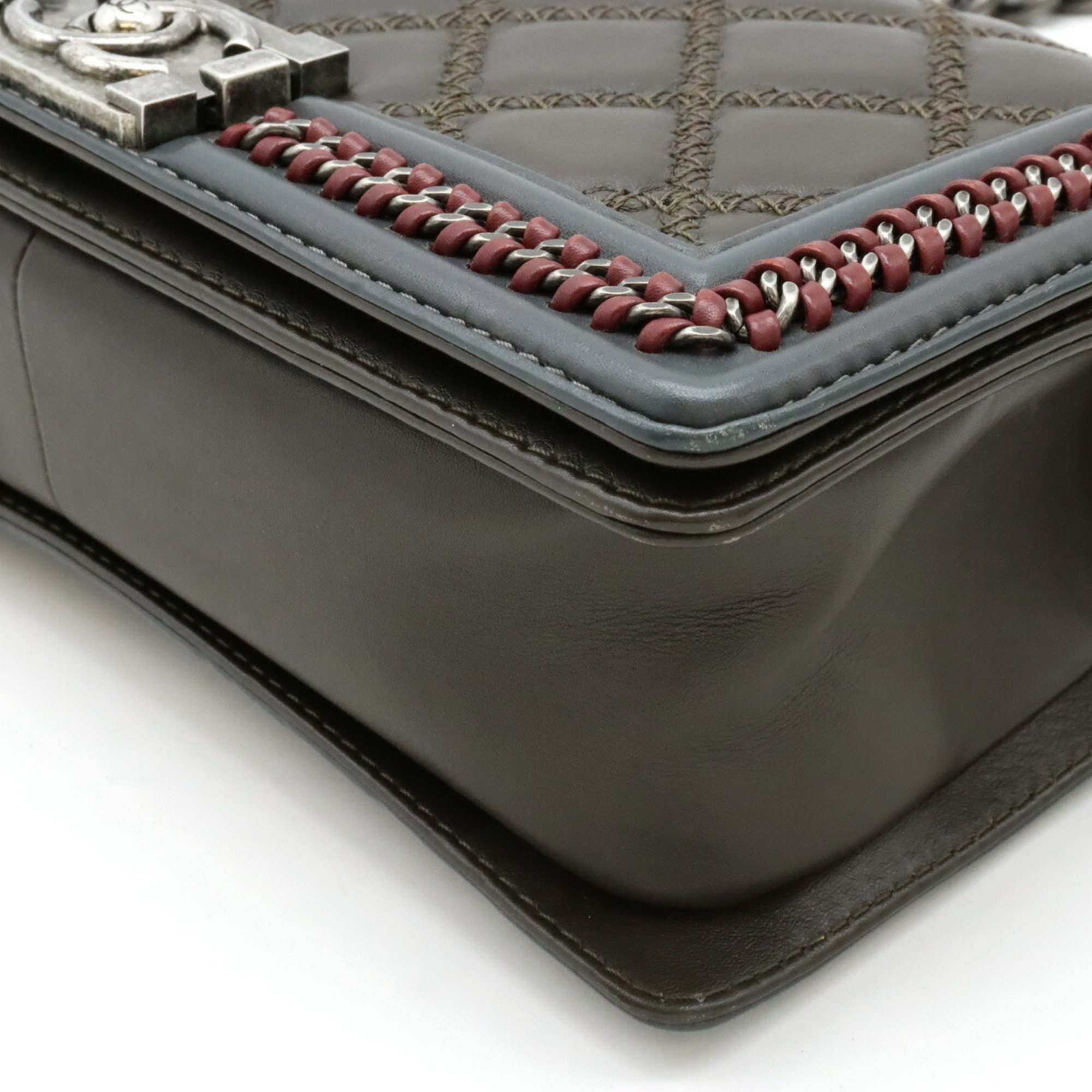 CHANEL Boy Chanel Flap Bag Luxury Chain Shoulder Leather Dark Khaki A94804