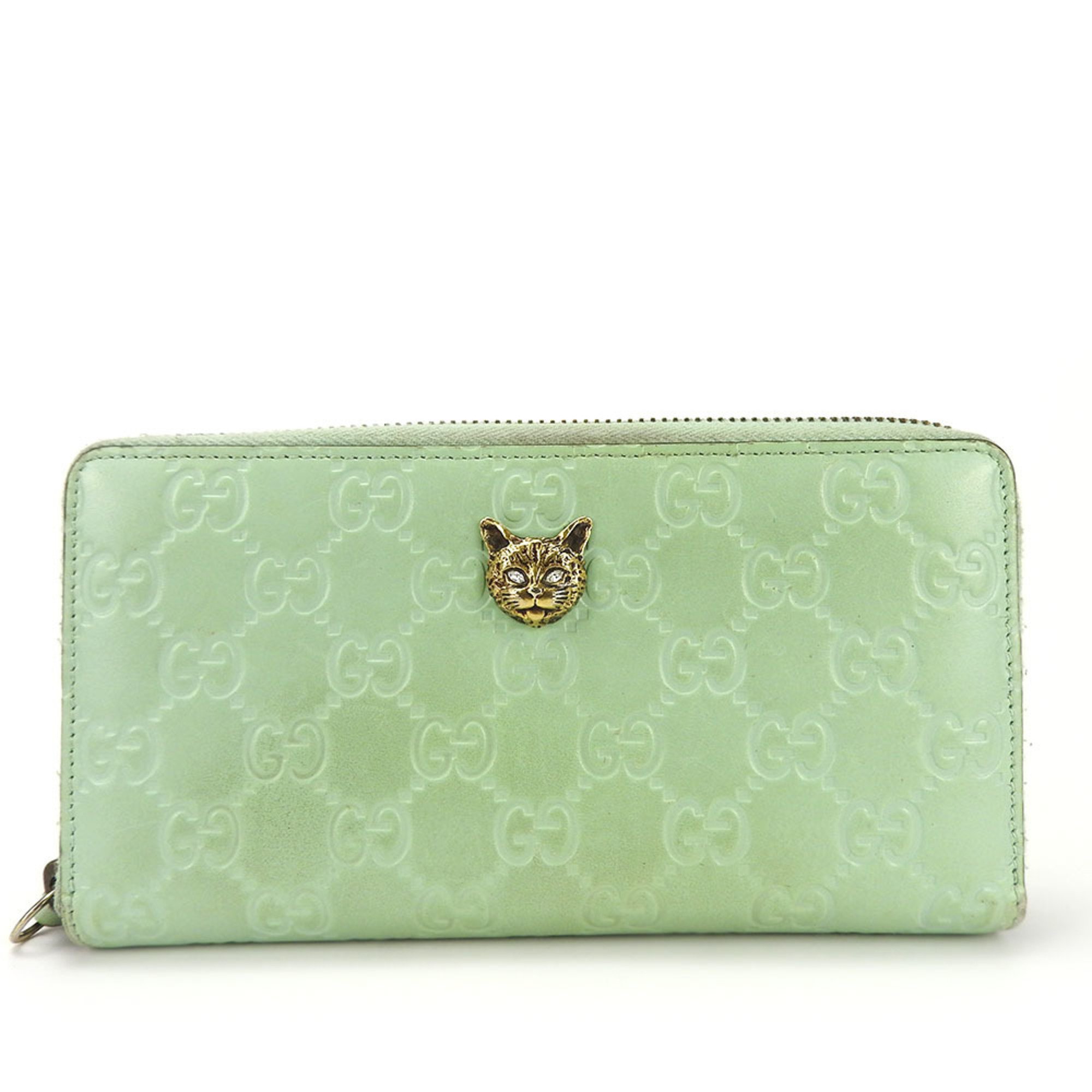 Gucci Long Wallet Round 548058 Shima Leather Mint Green Limited Edition Color Linea Cat Women's GUCCI