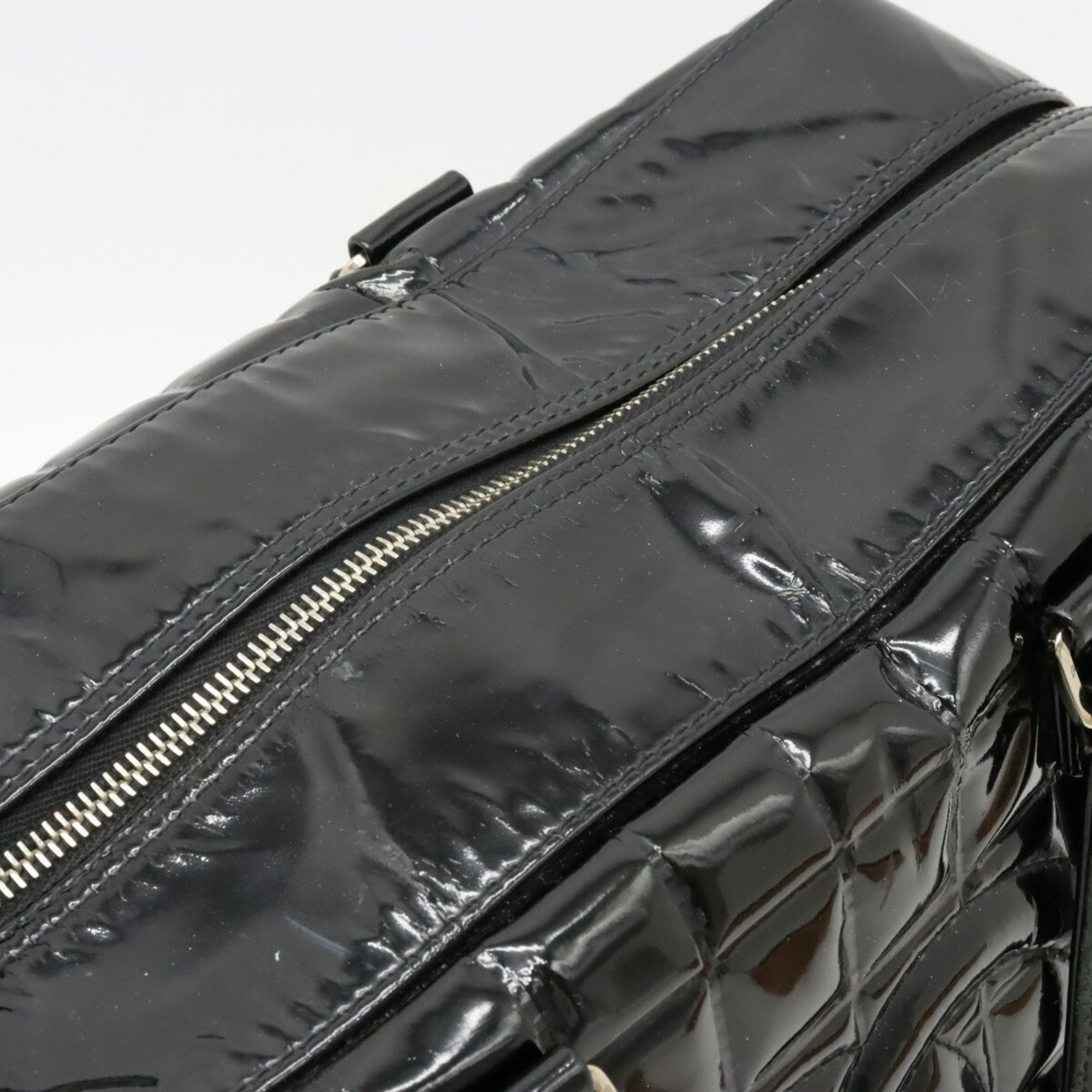 CHANEL Chocolate Bar Coco Mark Handbag Boston Bag Patent Leather Black A19271