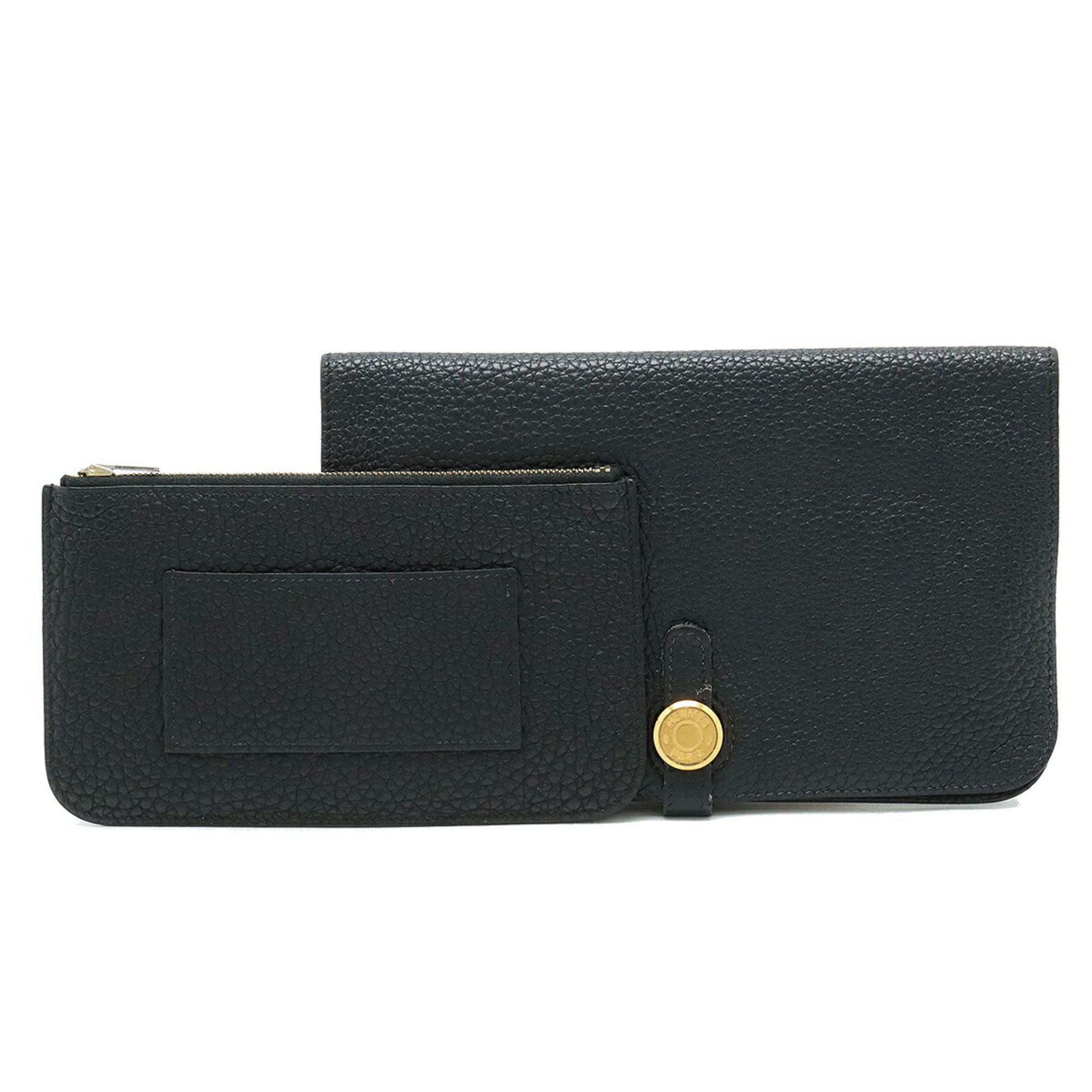 HERMES Dogon Duo GM Bi-fold long wallet Taurillon Clemence leather Black Coin