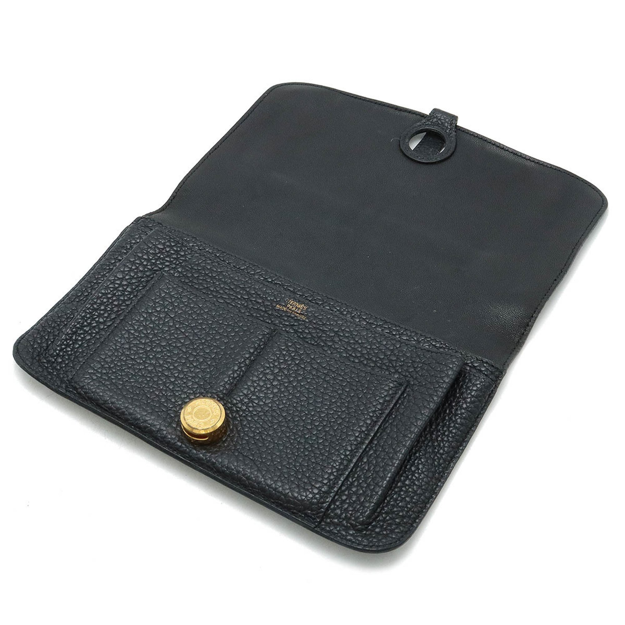 HERMES Dogon Duo GM Bi-fold long wallet Taurillon Clemence leather Black Coin