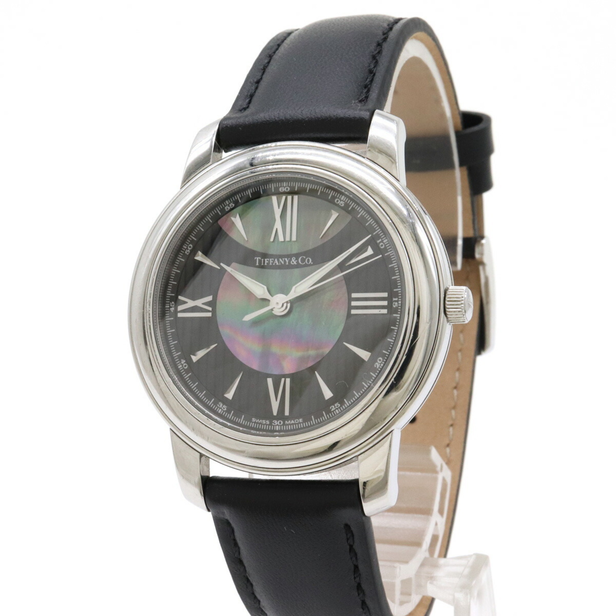TIFFANY&Co. Tiffany Mark Round Black Shell Dial SS Leather Strap Men's Quartz Watch Z0046.17.10A900A