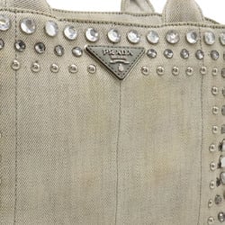 PRADA CANAPA Tote Bag Shoulder Beads Studs Denim BIANCO Light Gray 1BG439
