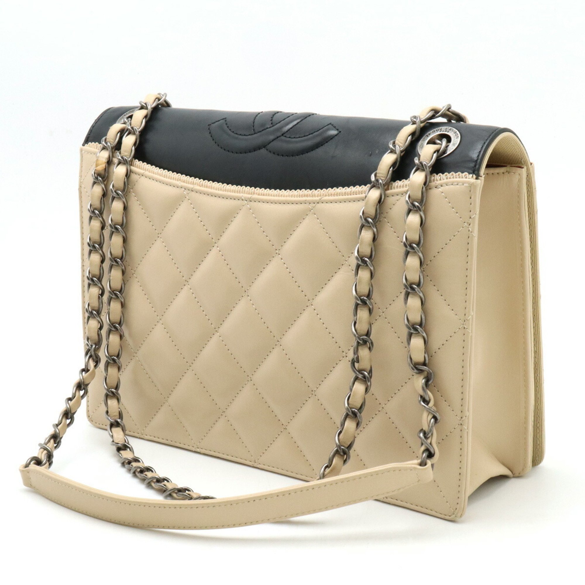 CHANEL Chanel Matelasse Coco Mark Chain Bag Shoulder Leather Bicolor Beige Black