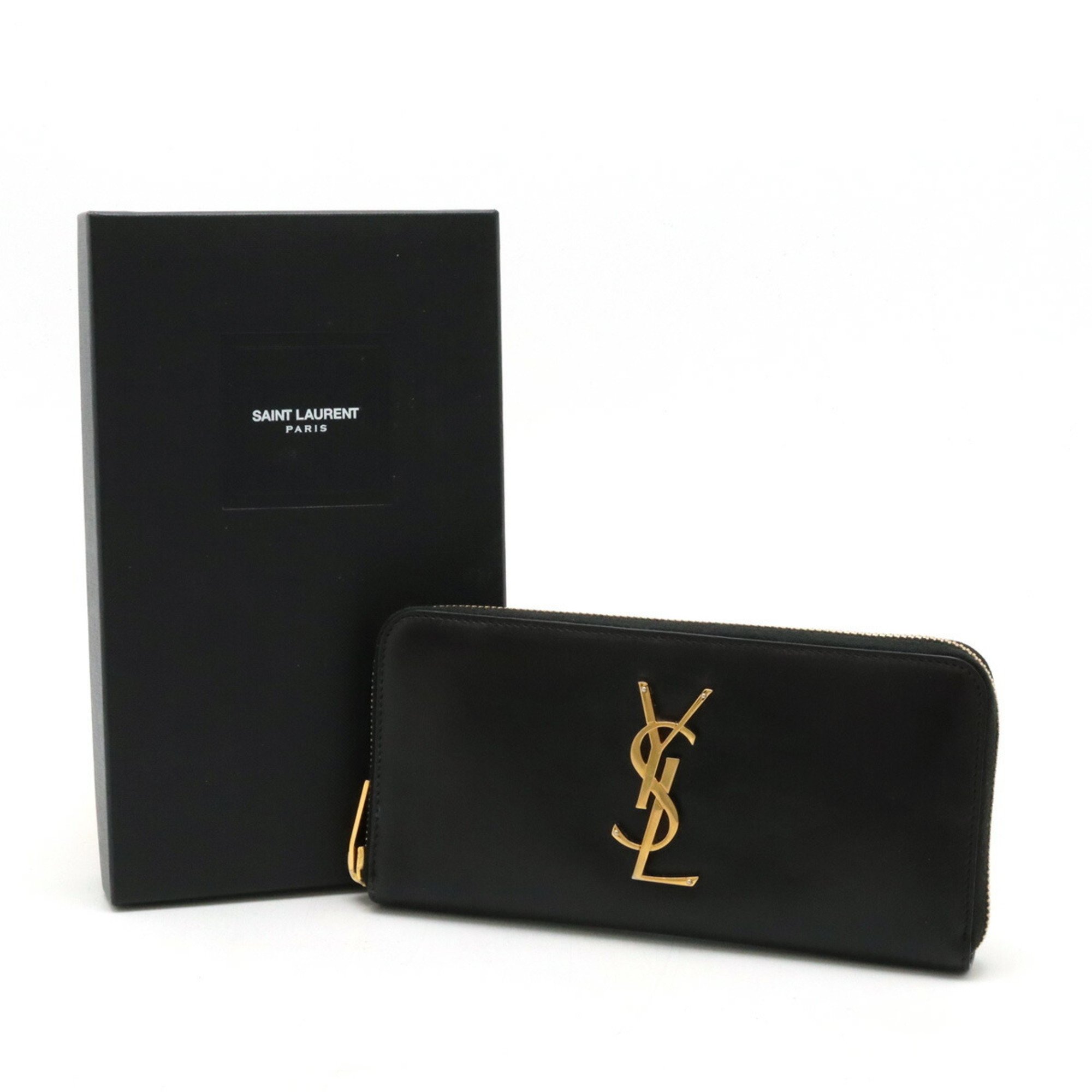 SAINT LAURENT PARIS Yves Saint Laurent YSL Monogram Round Long Wallet Leather Black 370776