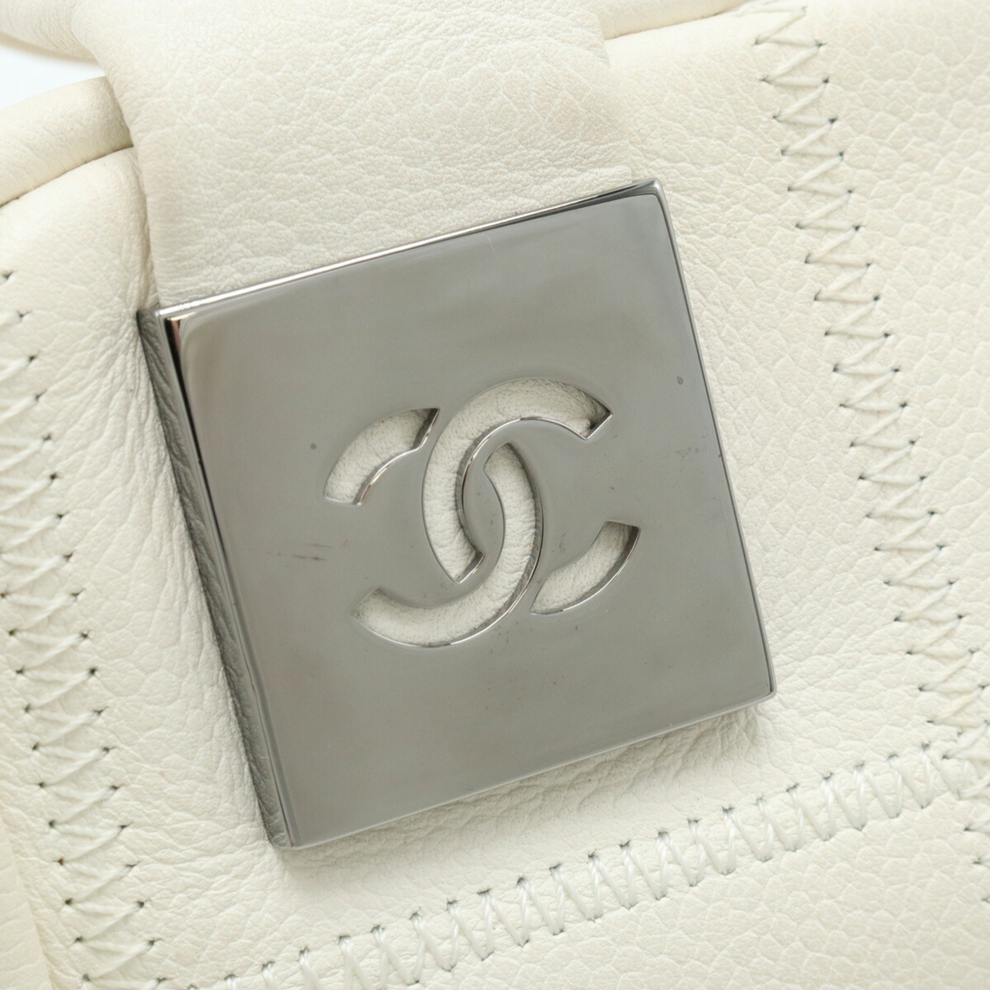 CHANEL Chocolate Bar Coco Mark Handbag Boston Bag Leather White