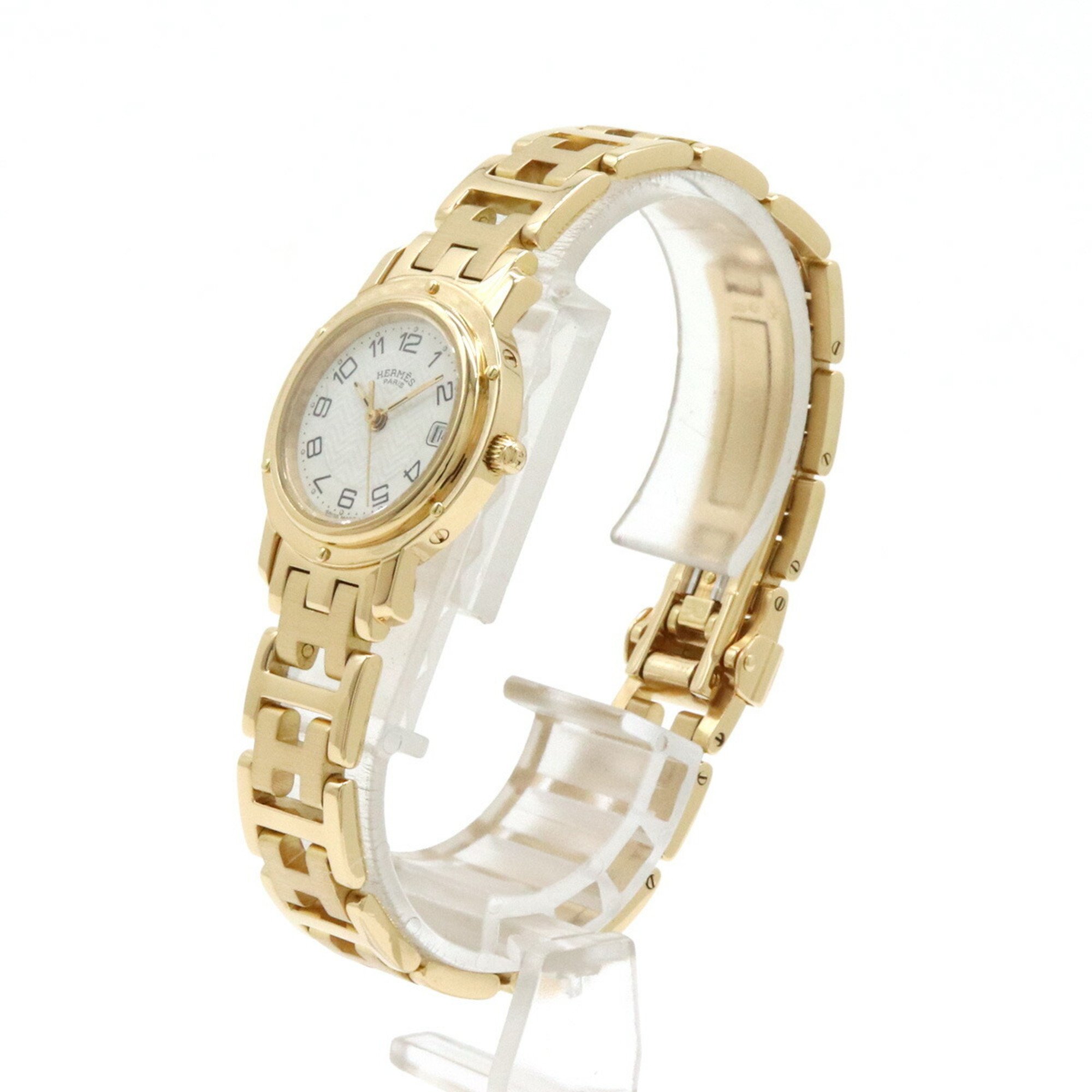 HERMES Clipper Ivory Dial K18YG Solid Gold Yellow Ladies Quartz Watch CL4.285