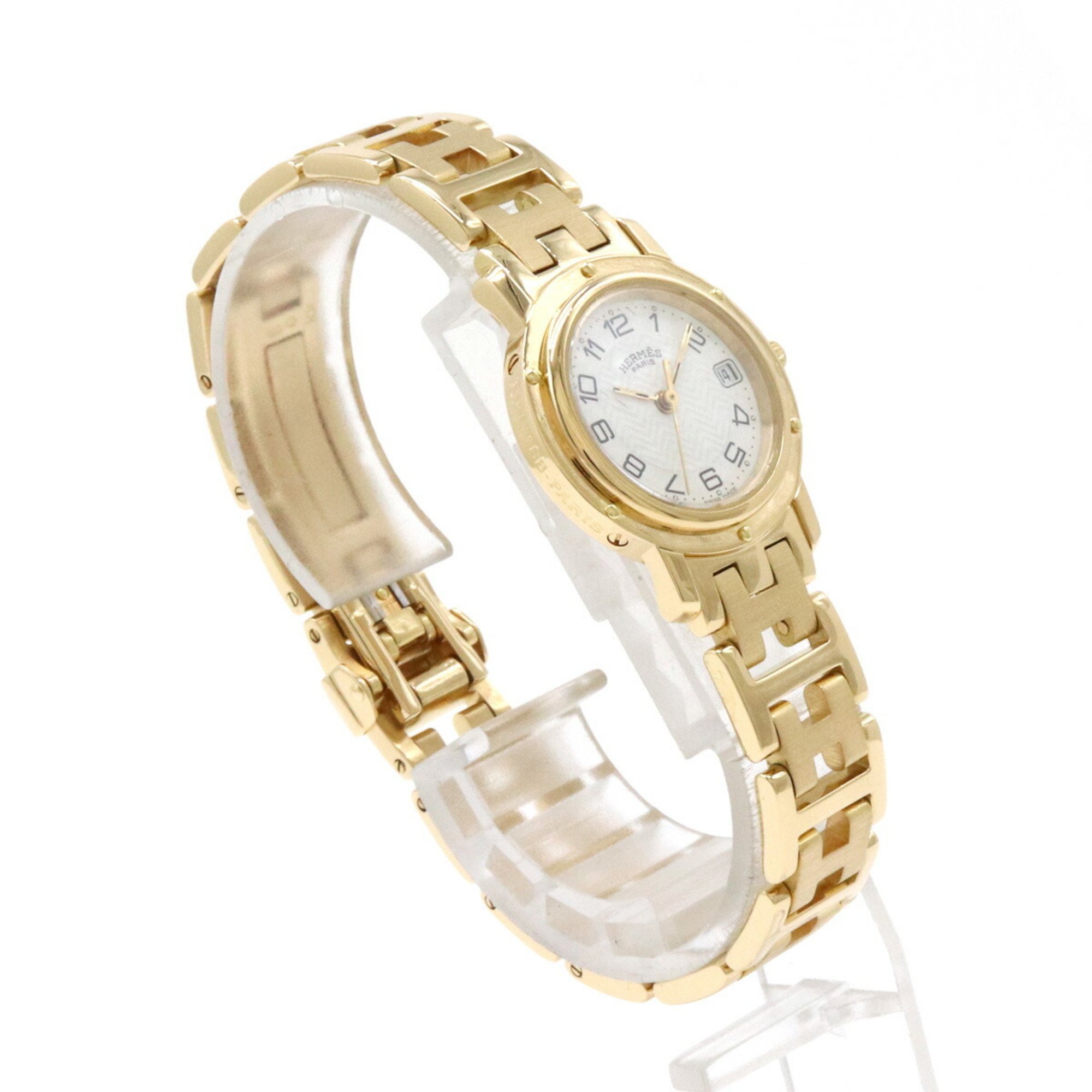 HERMES Clipper Ivory Dial K18YG Solid Gold Yellow Ladies Quartz Watch CL4.285