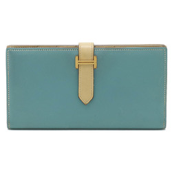 HERMES Bearn Soufflet Bi-fold Two-tone Leather Mint Blue Beige □N Stamp