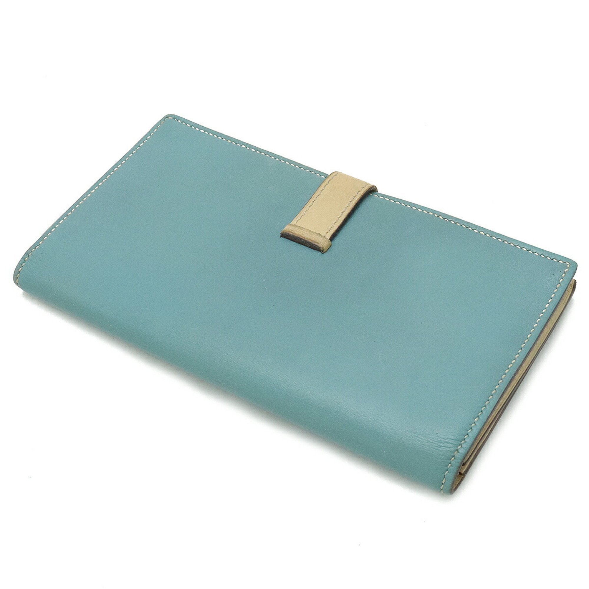 HERMES Bearn Soufflet Bi-fold Two-tone Leather Mint Blue Beige □N Stamp