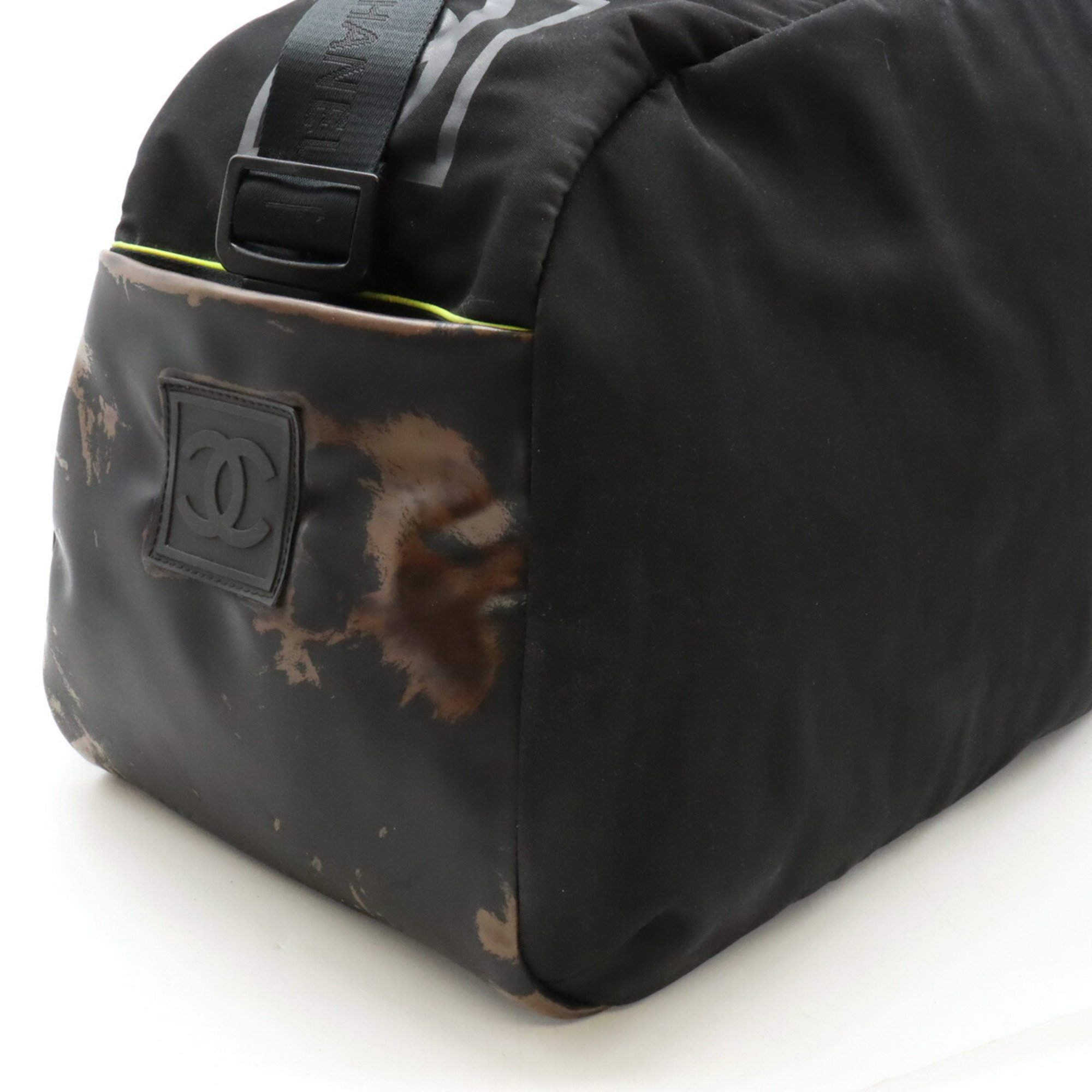 CHANEL Chanel Sport Line Coco Mark Boston Bag Shoulder Nylon Rubber Black Neon Yellow