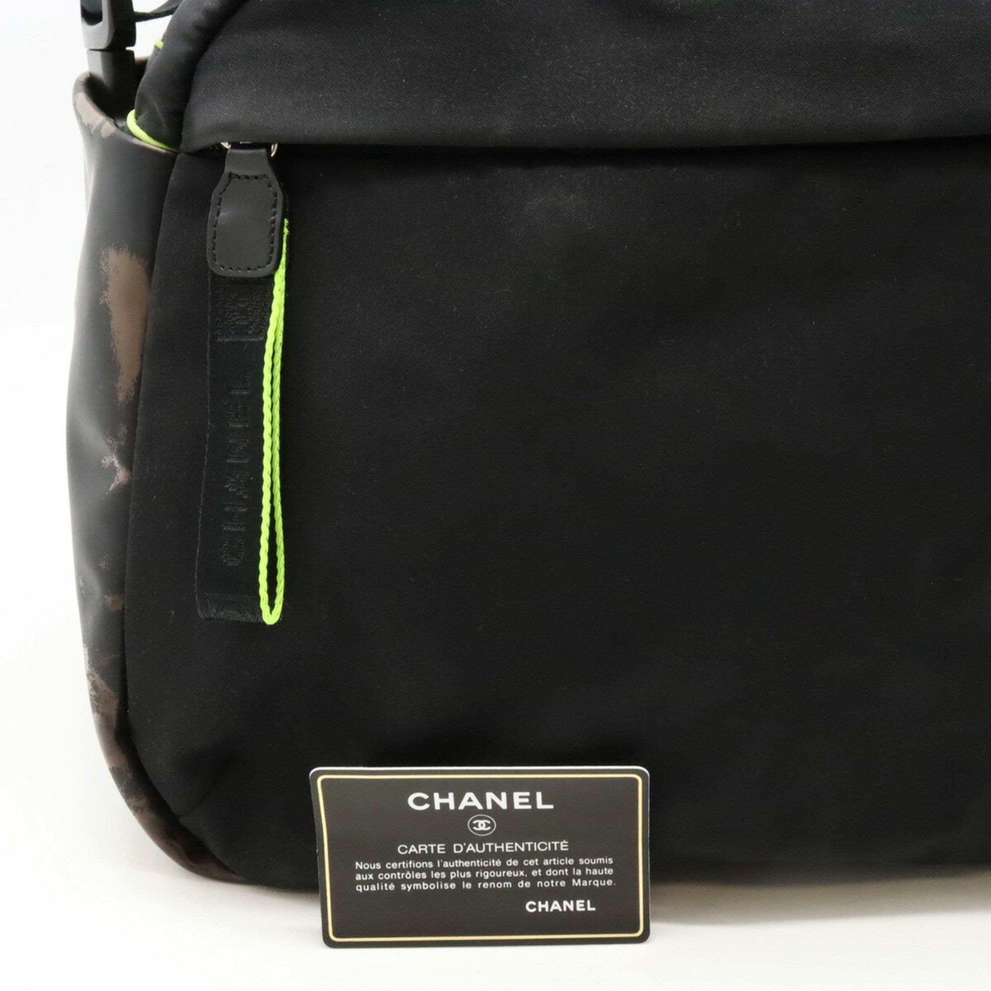 CHANEL Chanel Sport Line Coco Mark Boston Bag Shoulder Nylon Rubber Black Neon Yellow