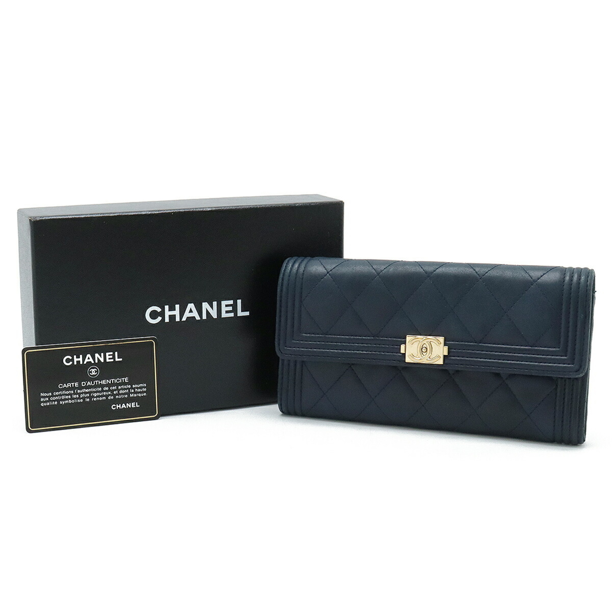 CHANEL Boy Chanel Matelasse Coco Mark Bi-fold Long Wallet Lambskin Leather Navy A80286