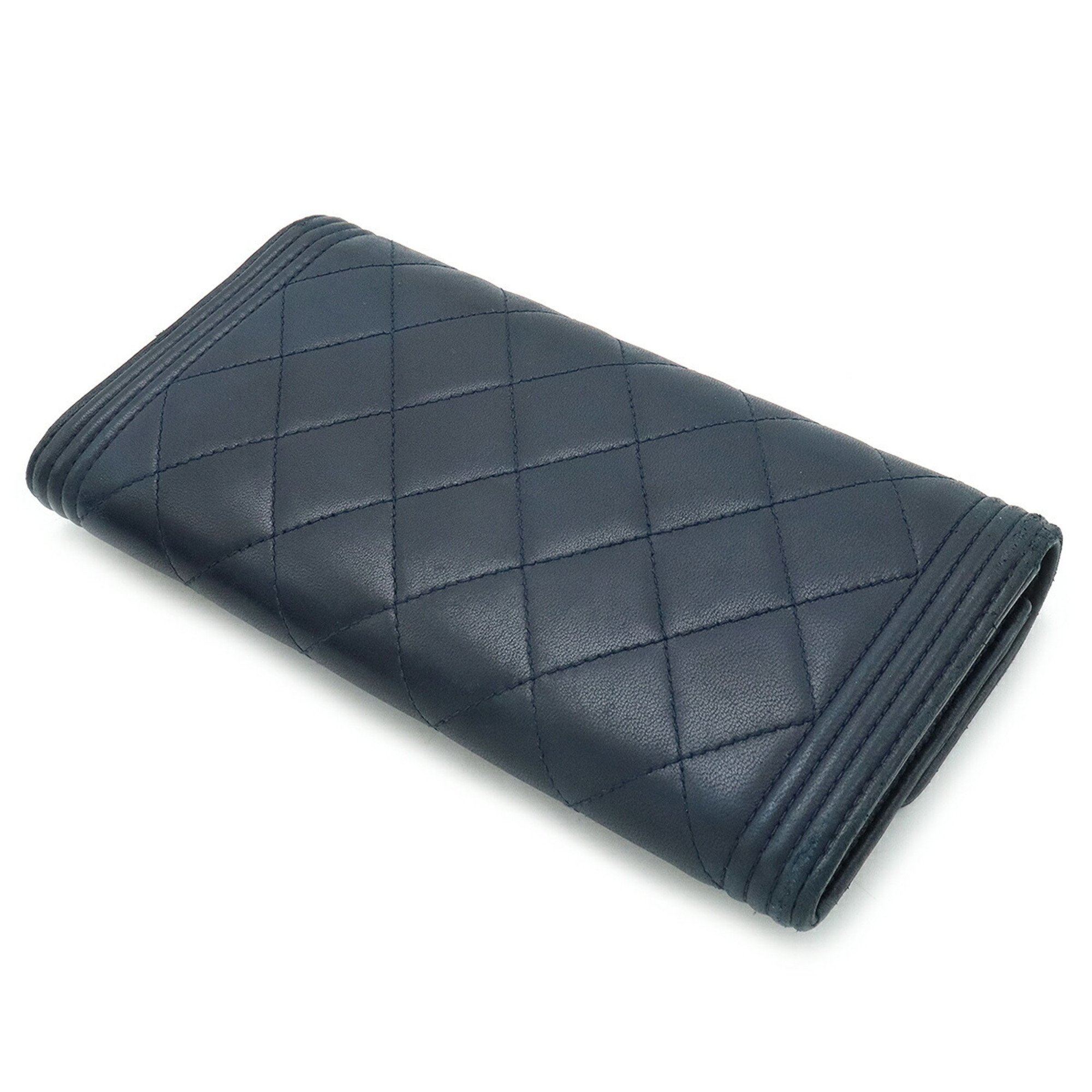 CHANEL Boy Chanel Matelasse Coco Mark Bi-fold Long Wallet Lambskin Leather Navy A80286