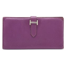 HERMES Bearn Classic Bi-fold Long Wallet Chevre Leather Purple H Stamp