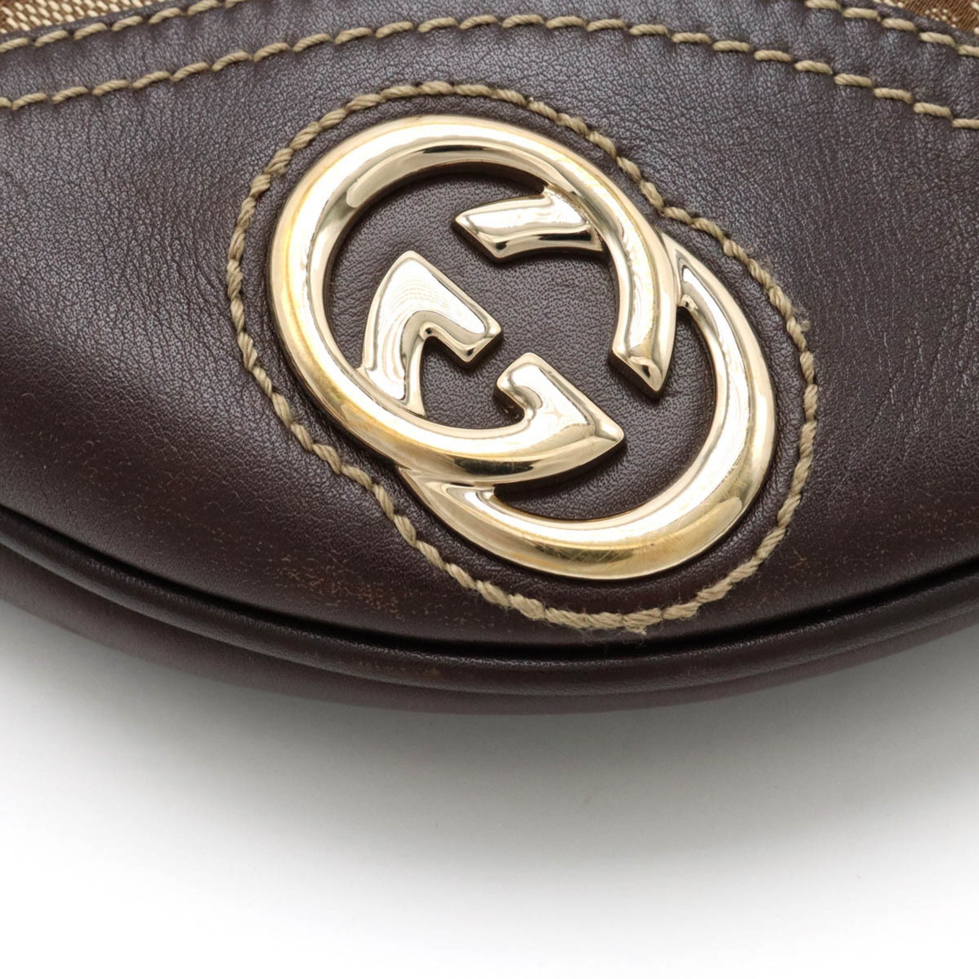 GUCCI GG canvas shoulder bag leather khaki beige dark brown 169998
