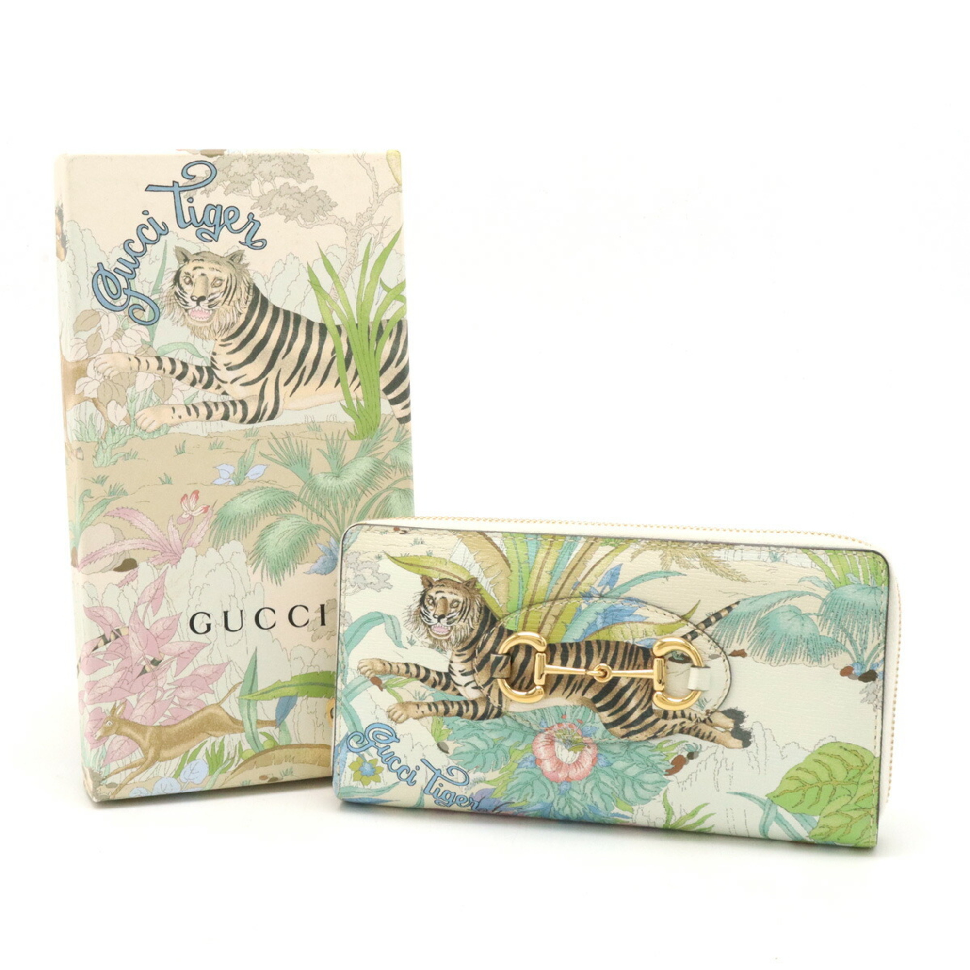 GUCCI Horsebit 1955 Tiger Round Long Wallet Leather Ivory Multicolor 621889