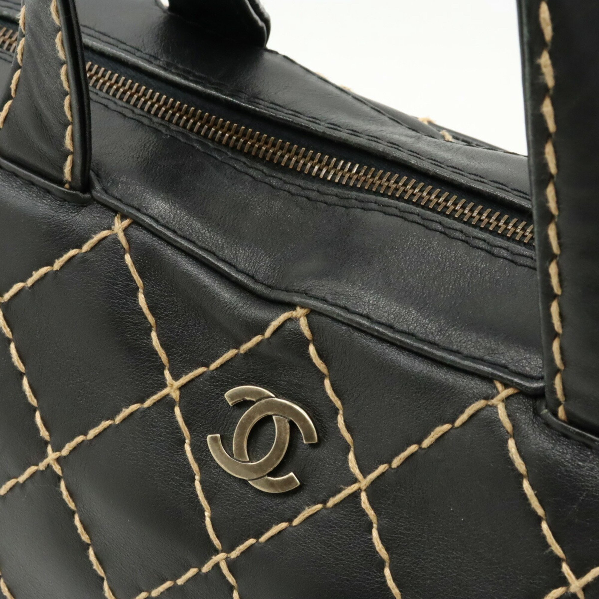CHANEL Wild Stitch Handbag Boston Bag Leather Black A14692