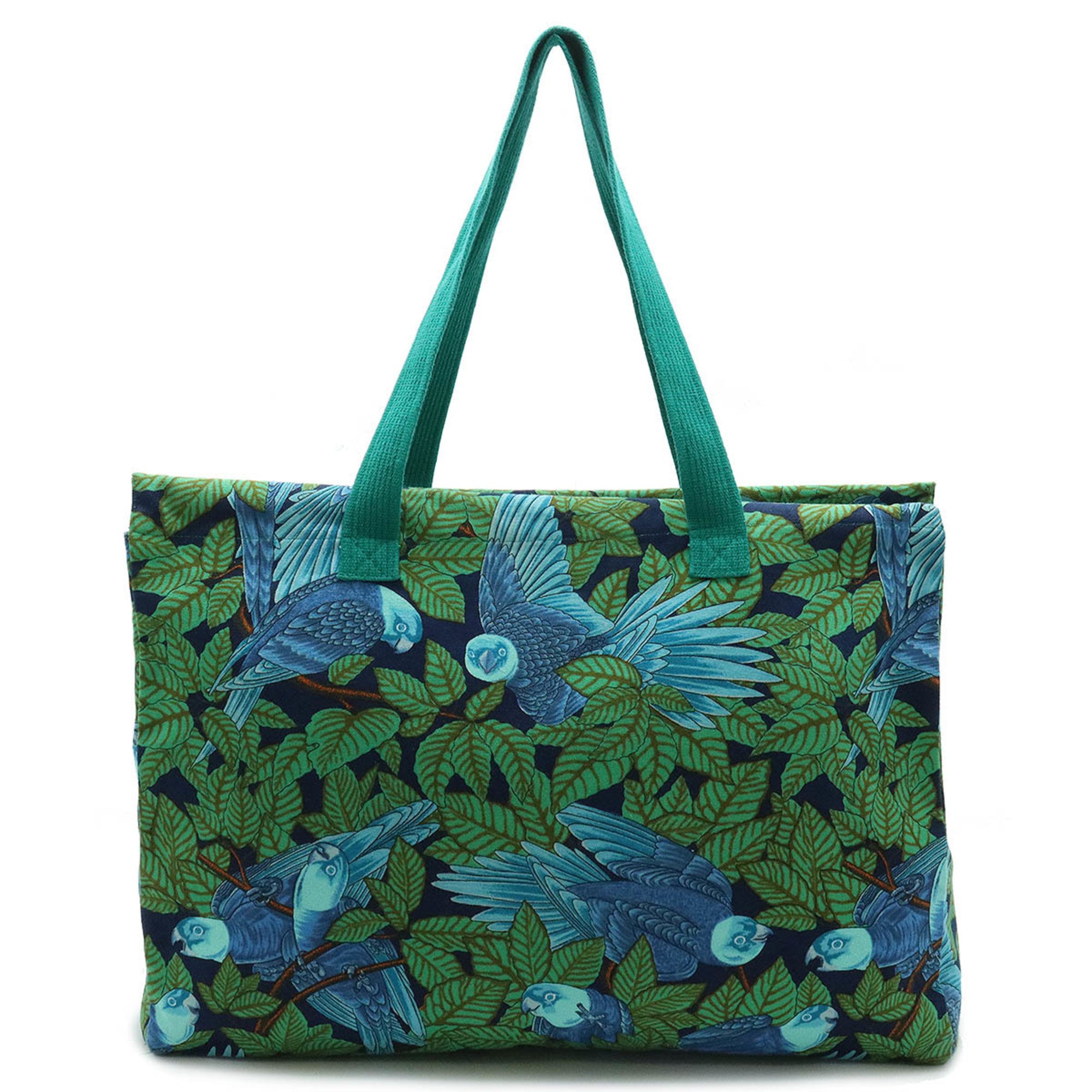HERMES Hermes Tote Bag Large Shoulder Bird Motif Pattern Canvas Green Blue