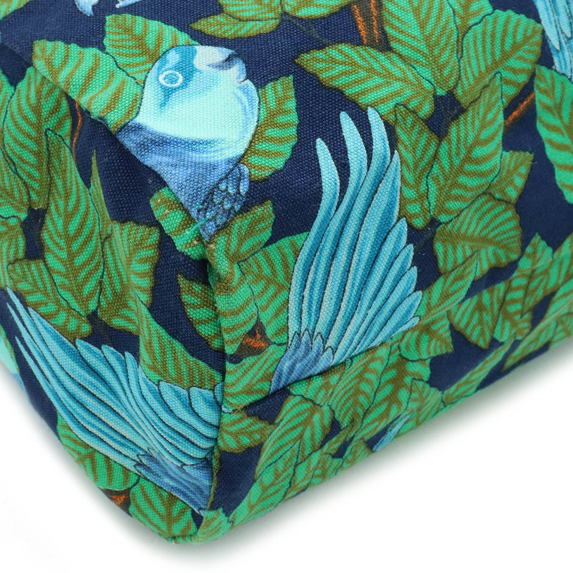 HERMES Hermes Tote Bag Large Shoulder Bird Motif Pattern Canvas Green Blue