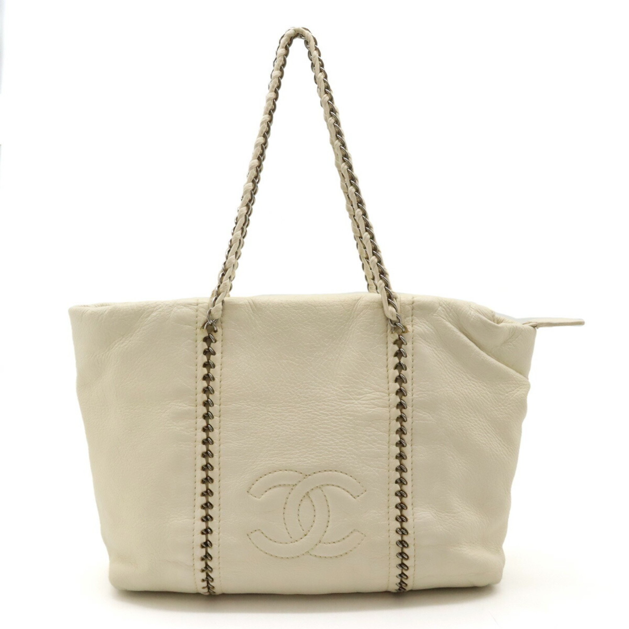 CHANEL Luxury Line Coco Mark Tote Bag Chain Shoulder Leather Ivory