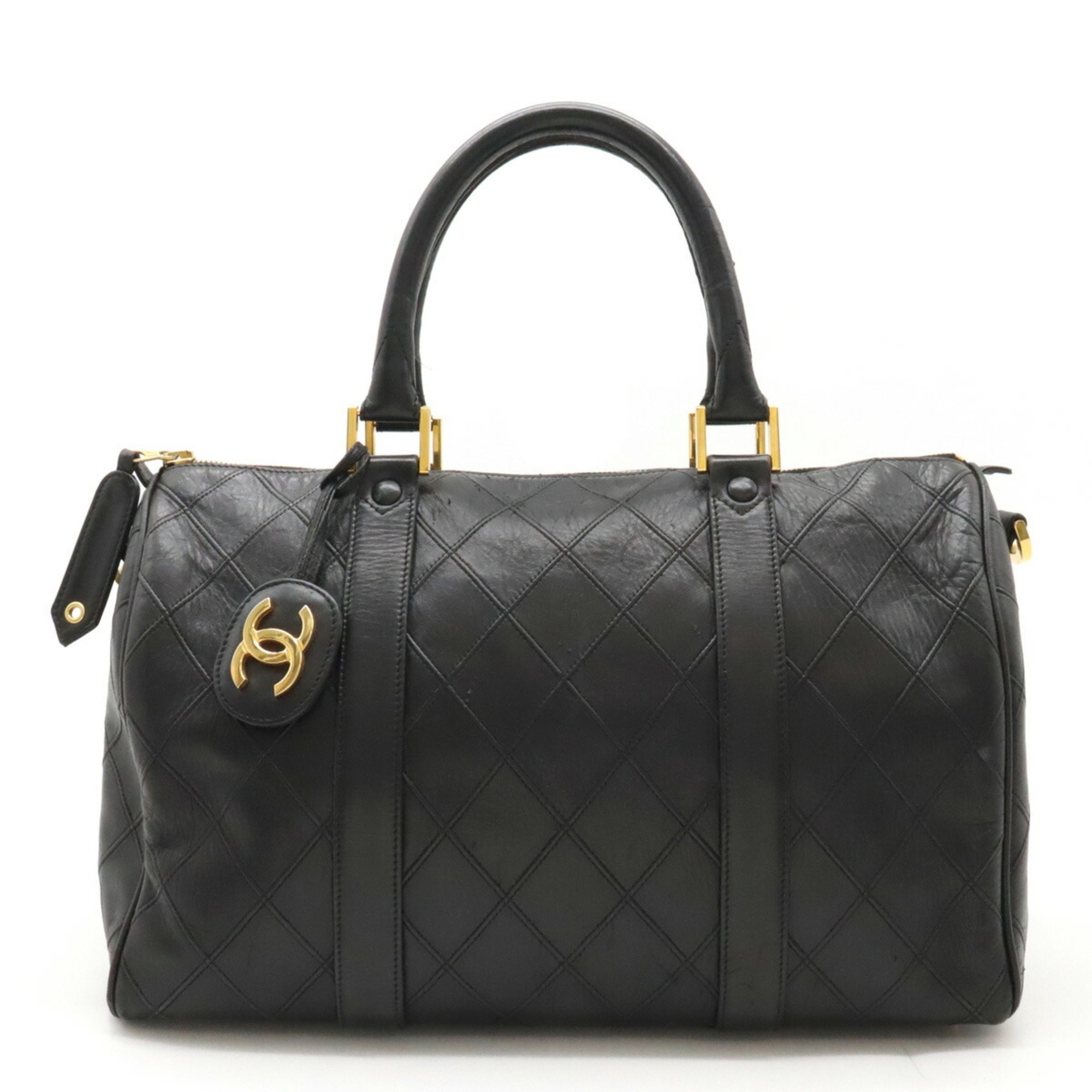 CHANEL Bicolor Coco Mark Handbag Boston Bag Leather Black