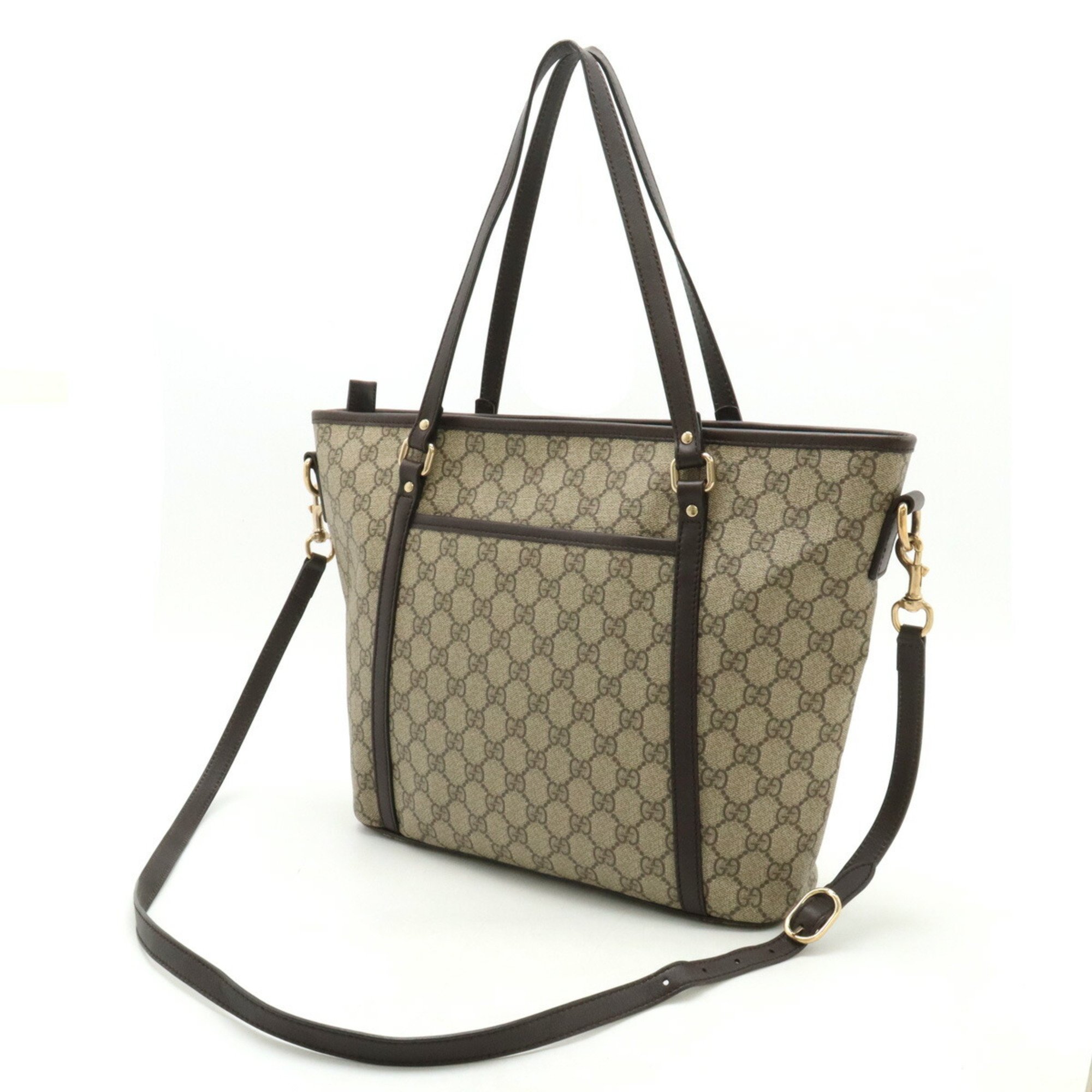 GUCCI GG Supreme Tote Bag Shoulder PVC Leather Beige Dark Brown 388929