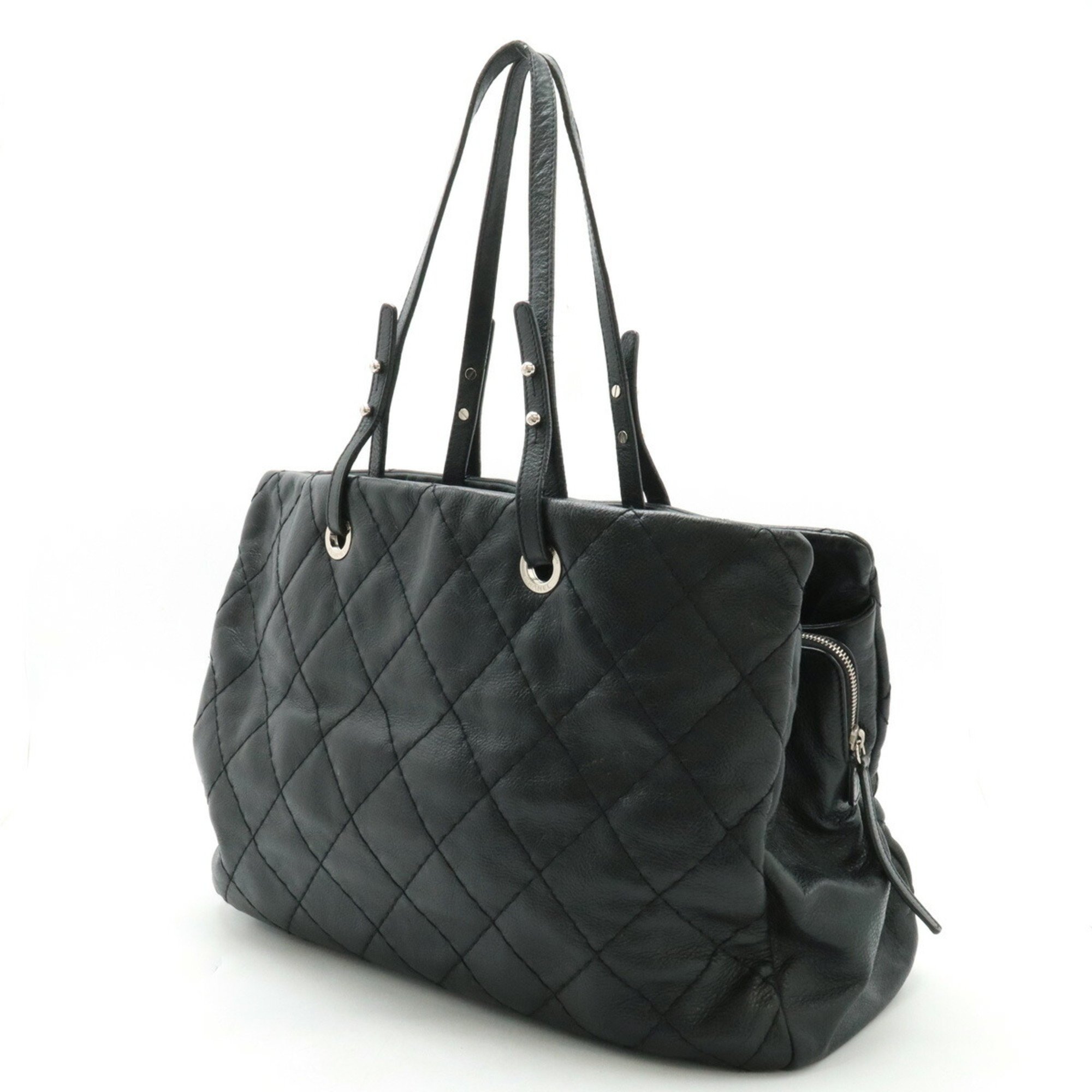 CHANEL On the Road Coco Mark Tote Bag Shoulder Quilted Leather Black