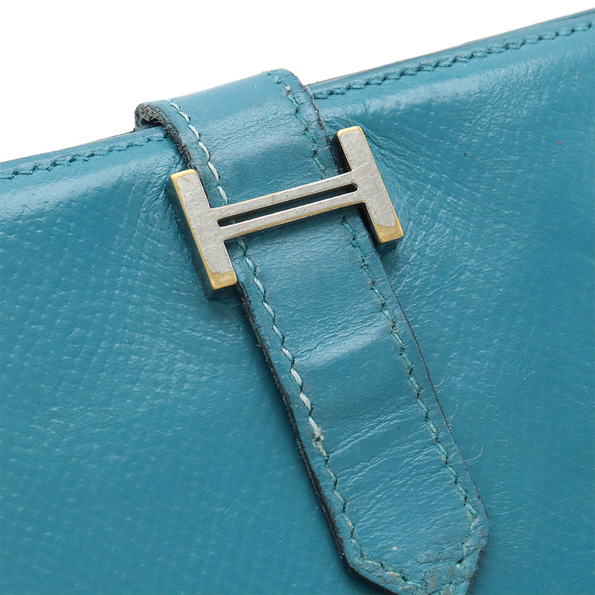 HERMES Bearn Soufflet Bi-fold Long Wallet Cushvel Leather Blue Jean K Stamp