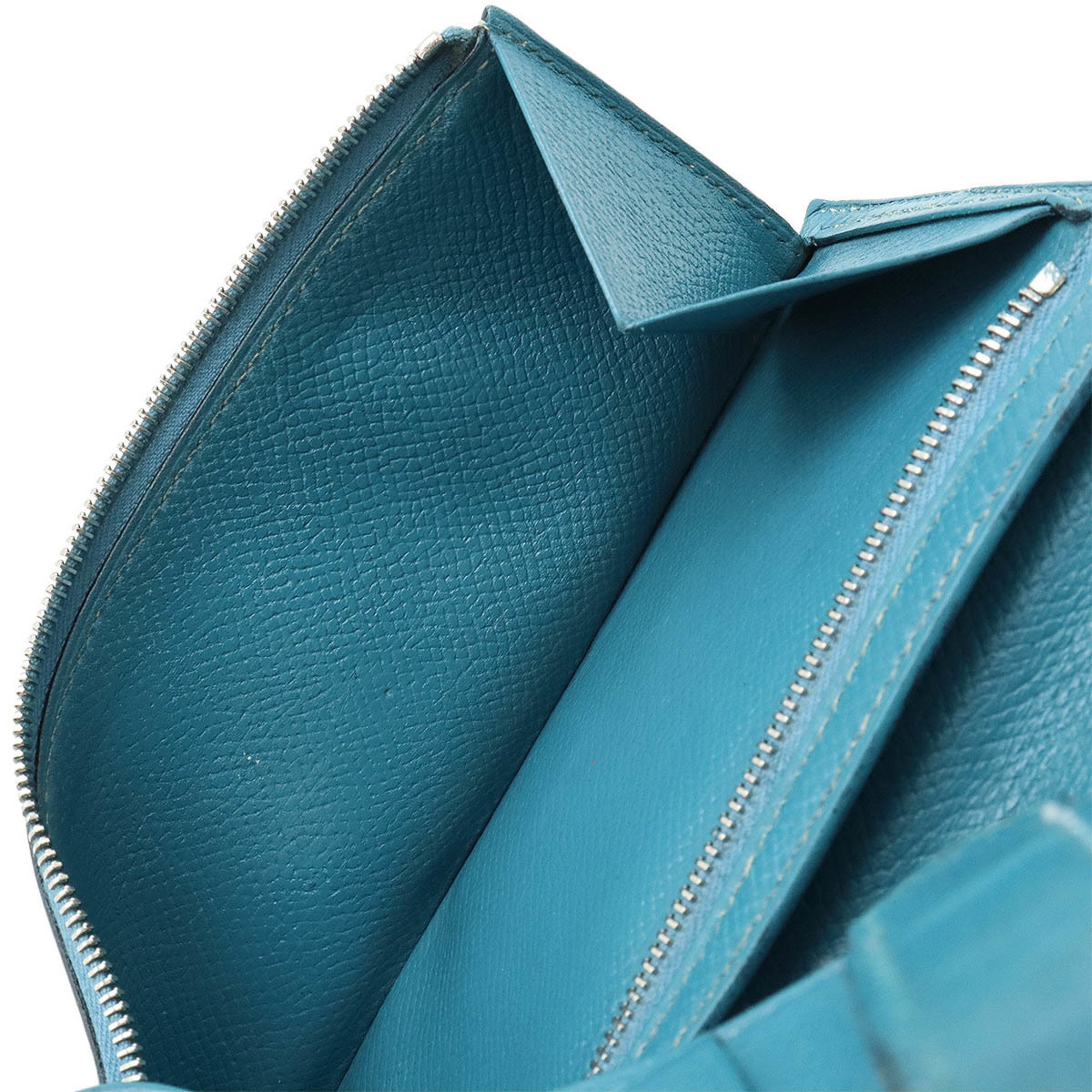 HERMES Bearn Soufflet Bi-fold Long Wallet Cushvel Leather Blue Jean K Stamp